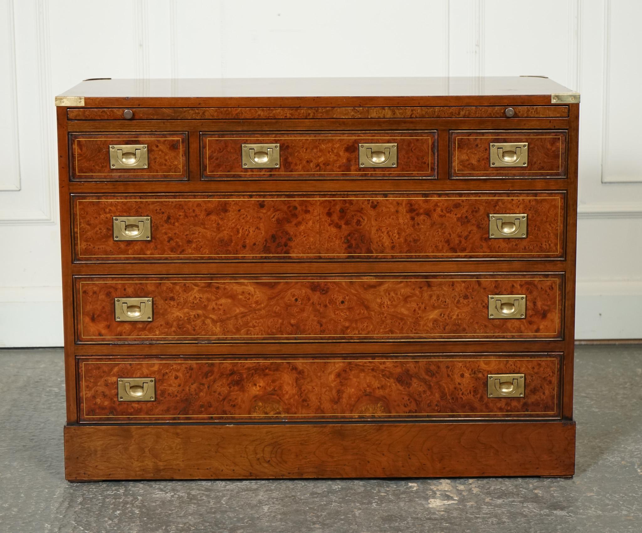 Hand-Crafted VINTAGE BURR ELM MILITARY CAMPAIGN CHEST OF DRAWERS WiTH PULL OUT BUTLER TRAY