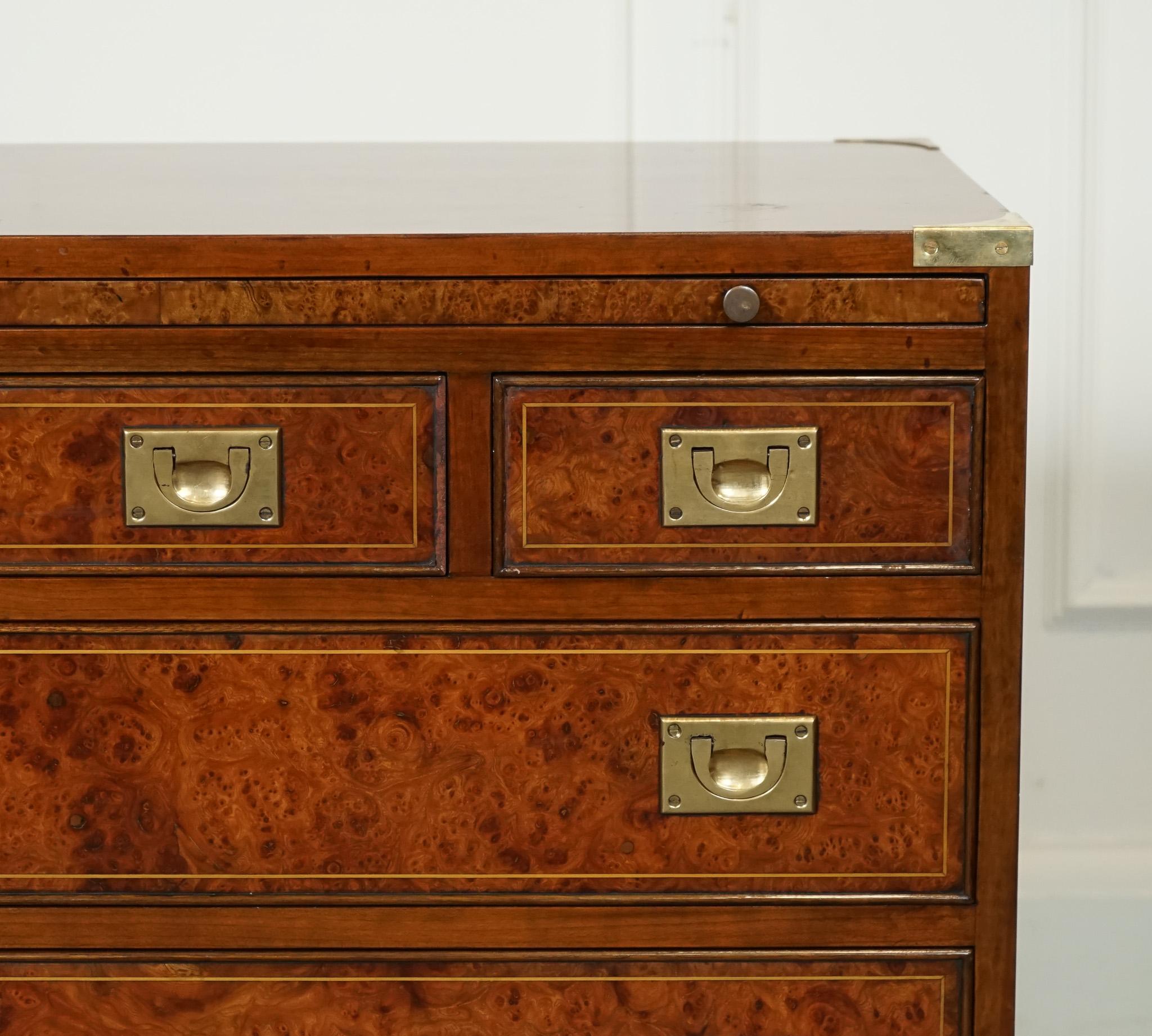 20th Century VINTAGE BURR ELM MILITARY CAMPAIGN CHEST OF DRAWERS WiTH PULL OUT BUTLER TRAY