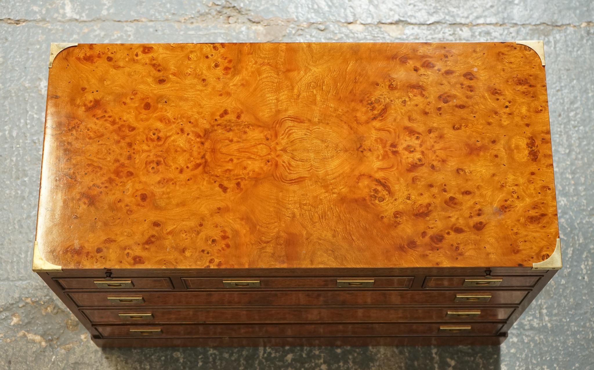 VINTAGE BURR ELM MILITARY CAMPAIGN CHEST OF DRAWERS WiTH PULL OUT BUTLER TRAY 2