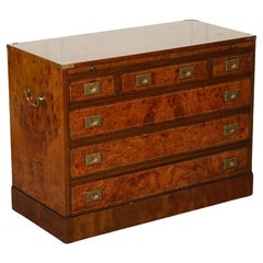 VINTAGE BURR ELM MILITARY CAMPAIGN CHEST OF DRAWERS WiTH PULL OUT BUTLER TRAY