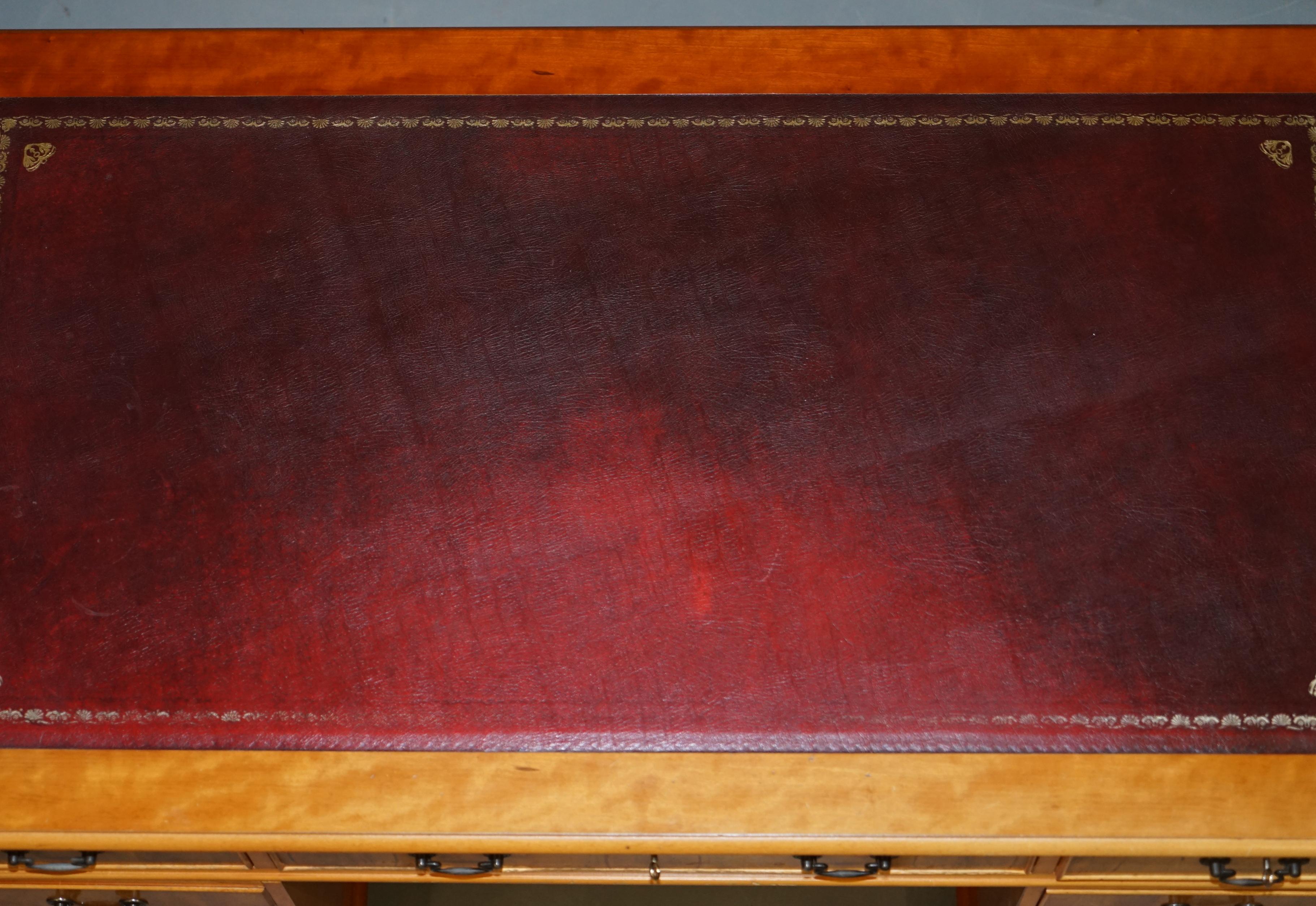 Vintage Burr Satinwood Kneehole Partner Desk Oxblood Leather Top Panelled Back For Sale 4