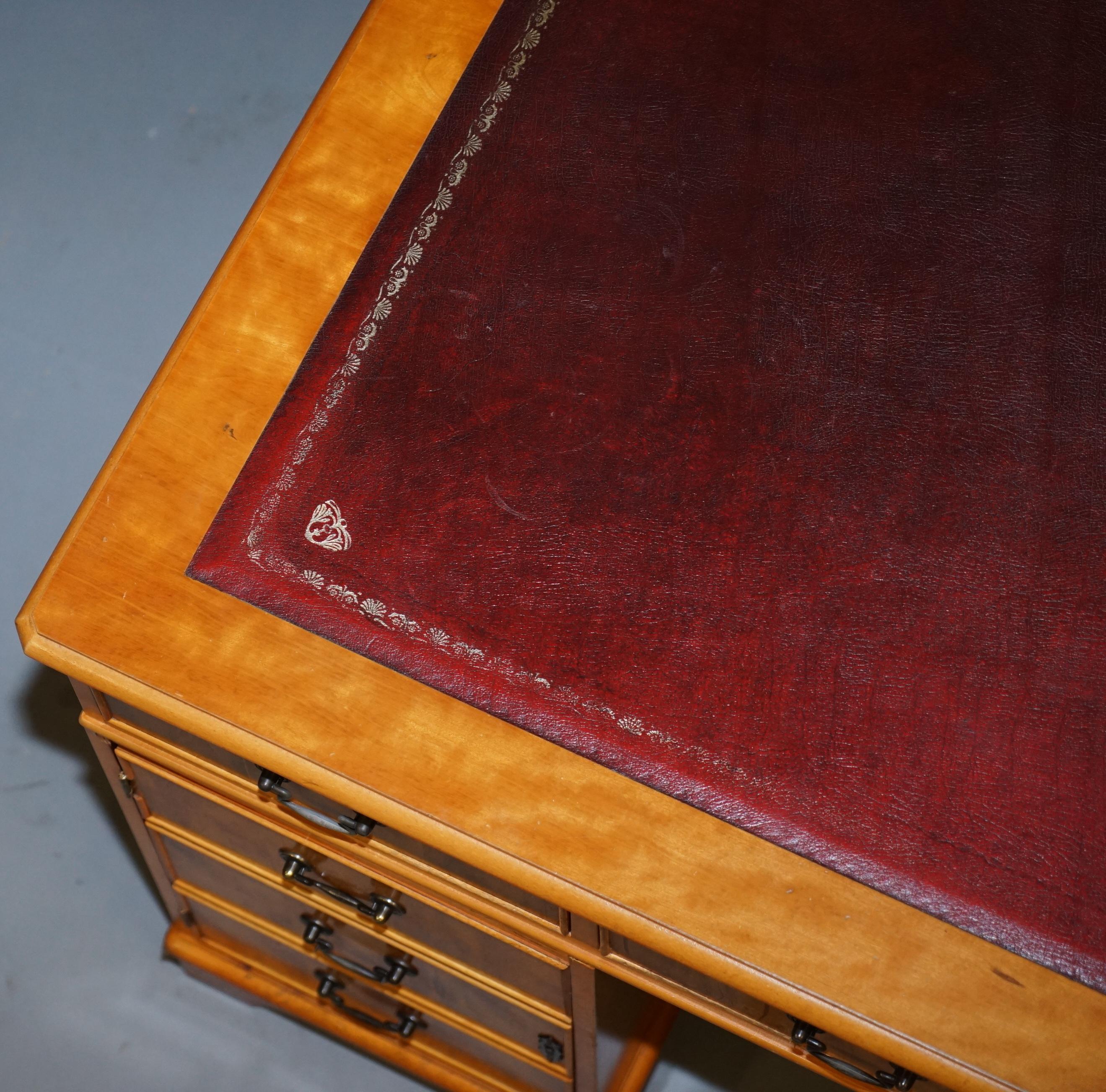 Vintage Burr Satinwood Kneehole Partner Desk Oxblood Leather Top Panelled Back For Sale 5