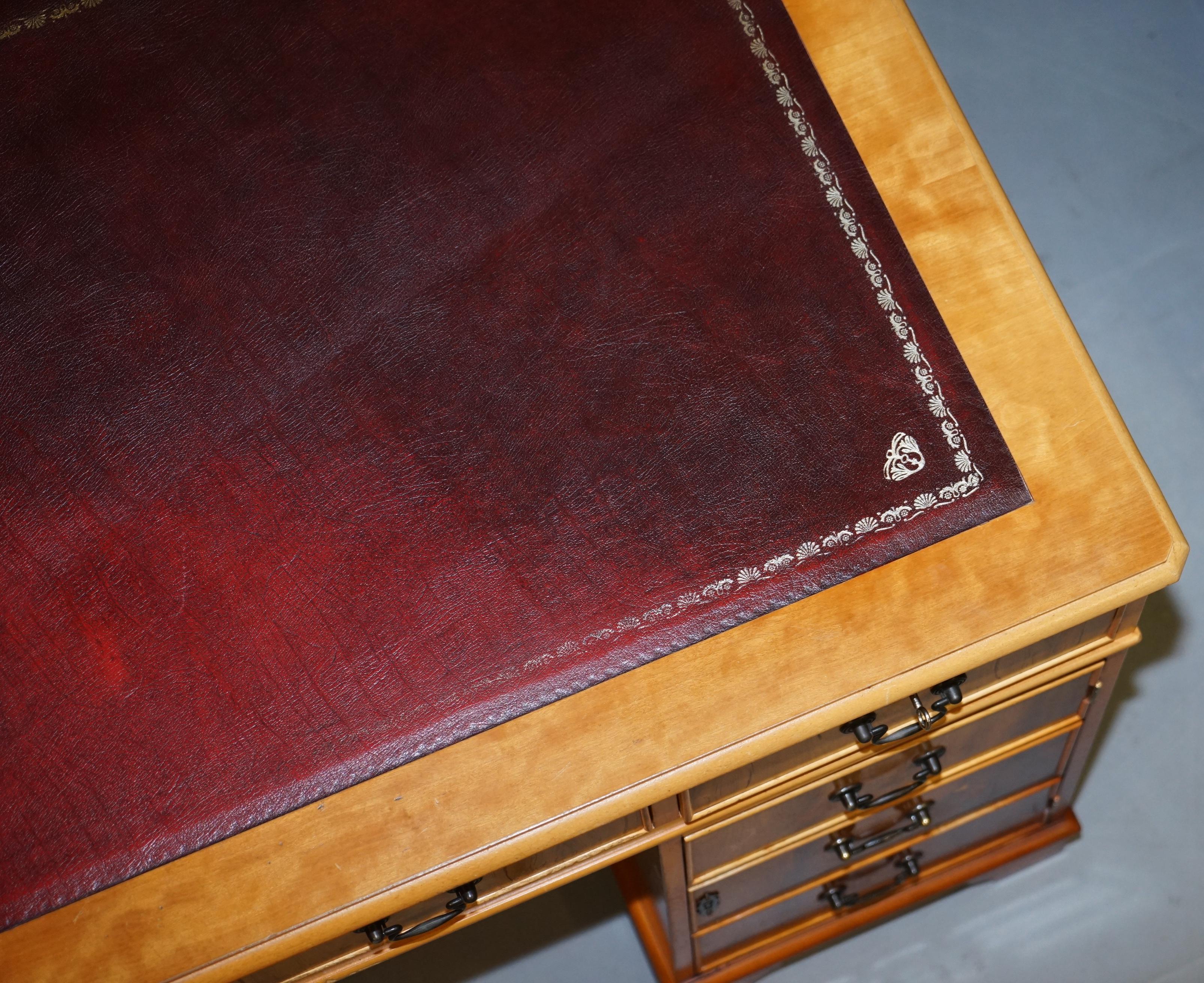 Vintage Burr Satinwood Kneehole Partner Desk Oxblood Leather Top Panelled Back For Sale 6