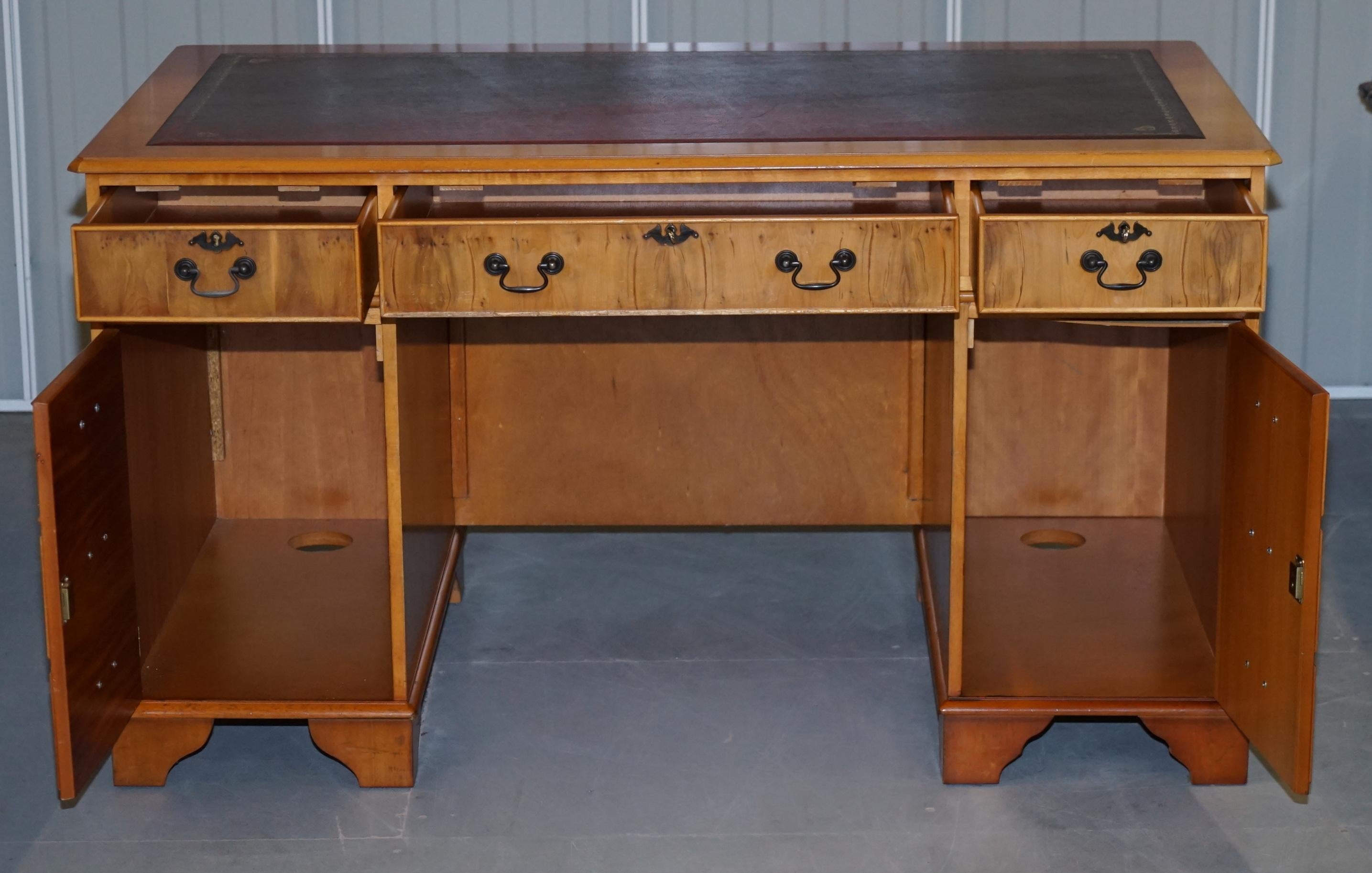 Vintage Burr Satinwood Kneehole Partner Desk Oxblood Leather Top Panelled Back For Sale 7