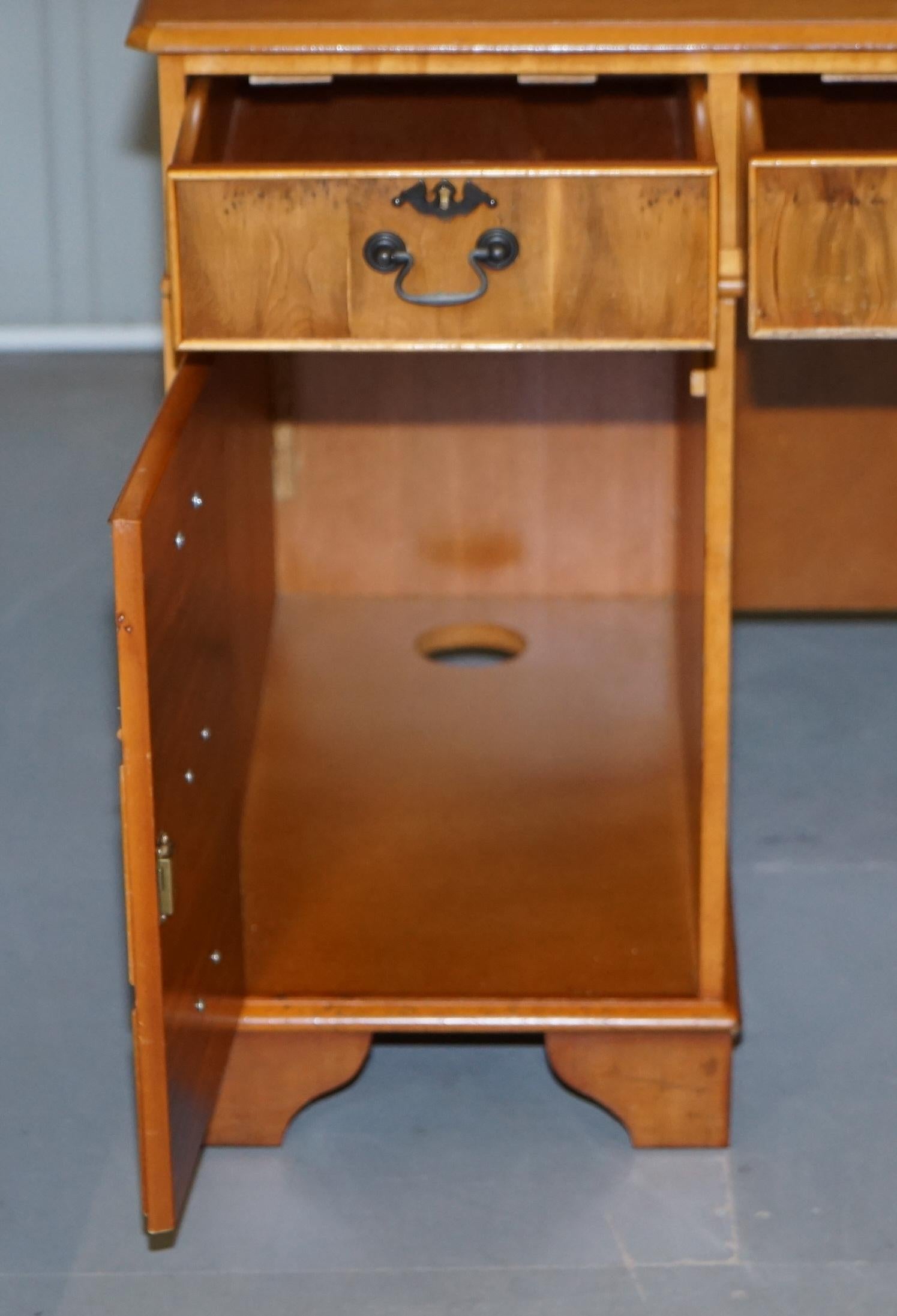Vintage Burr Satinwood Kneehole Partner Desk Oxblood Leather Top Panelled Back For Sale 8