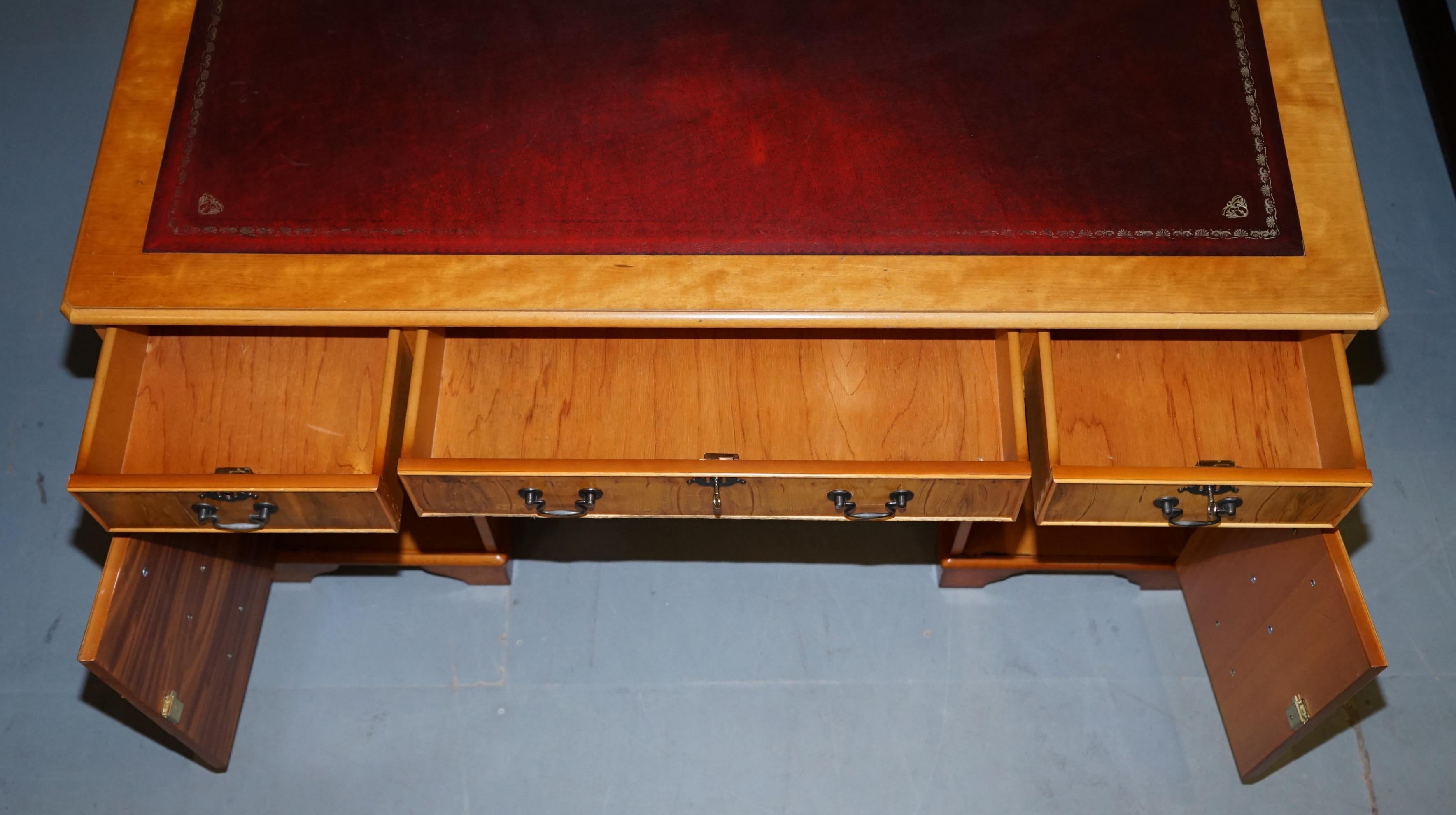 Vintage Burr Satinwood Kneehole Partner Desk Oxblood Leather Top Panelled Back For Sale 10