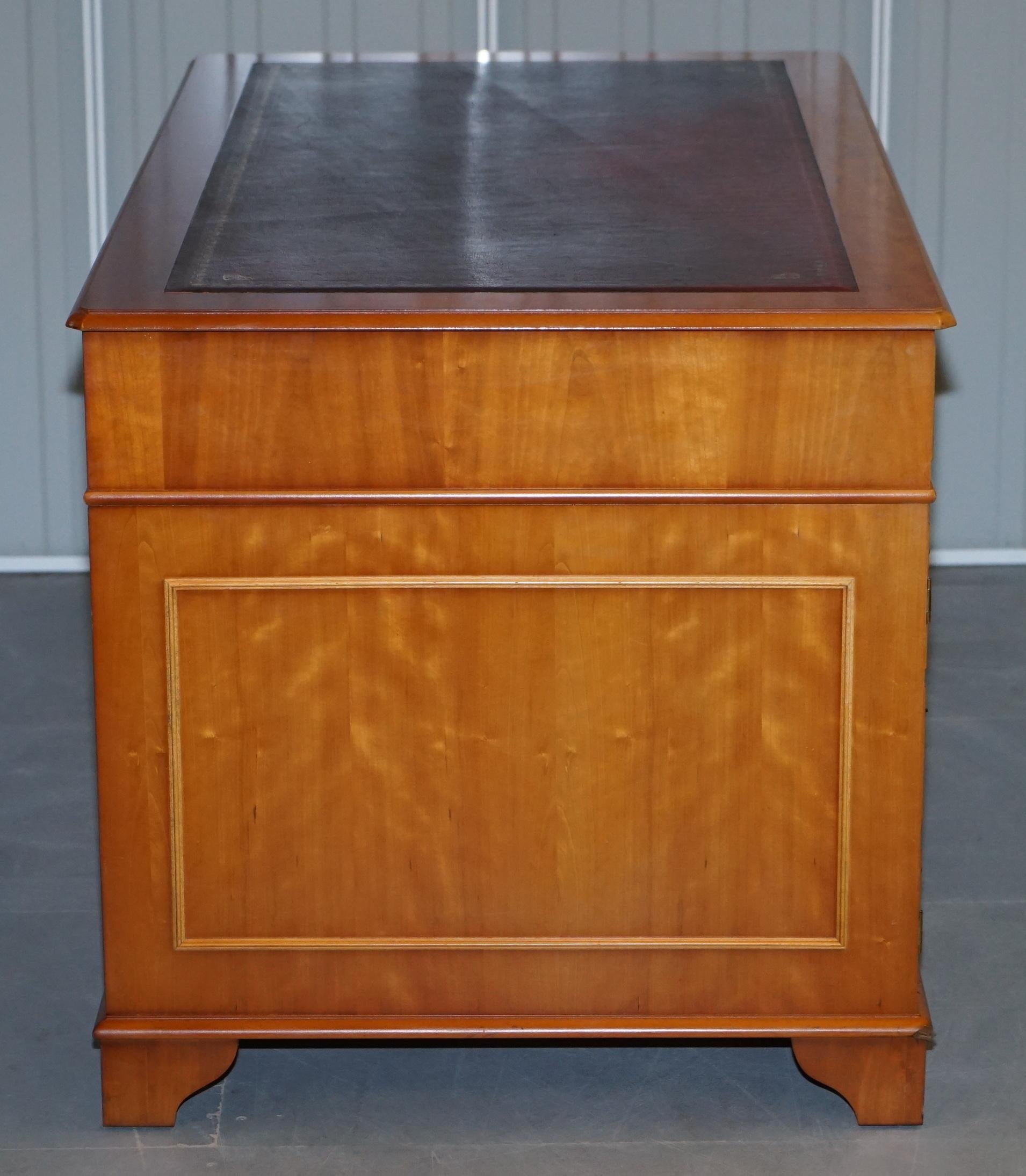 Vintage Burr Satinwood Kneehole Partner Desk Oxblood Leather Top Panelled Back For Sale 11