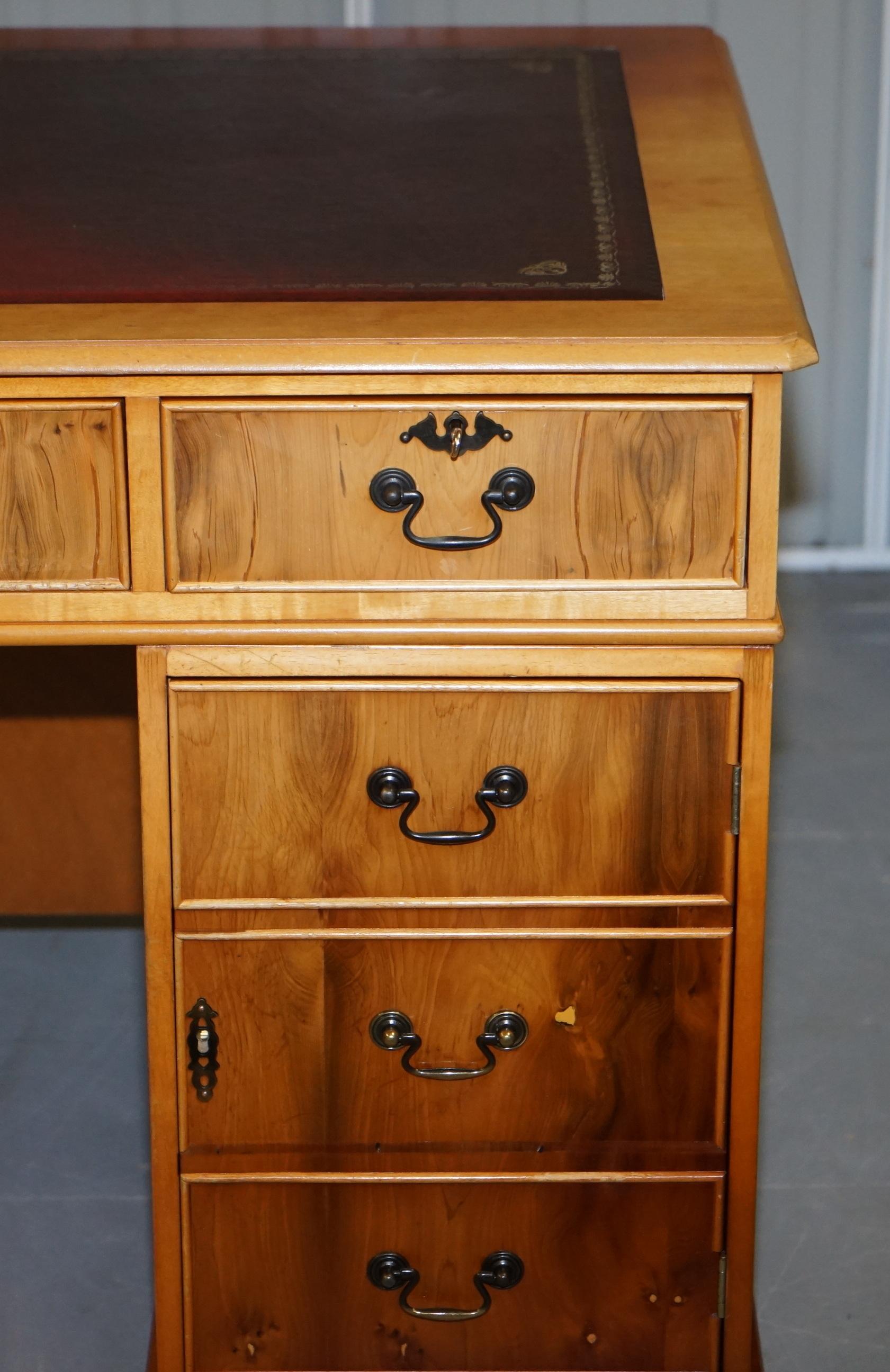 Hand-Crafted Vintage Burr Satinwood Kneehole Partner Desk Oxblood Leather Top Panelled Back For Sale