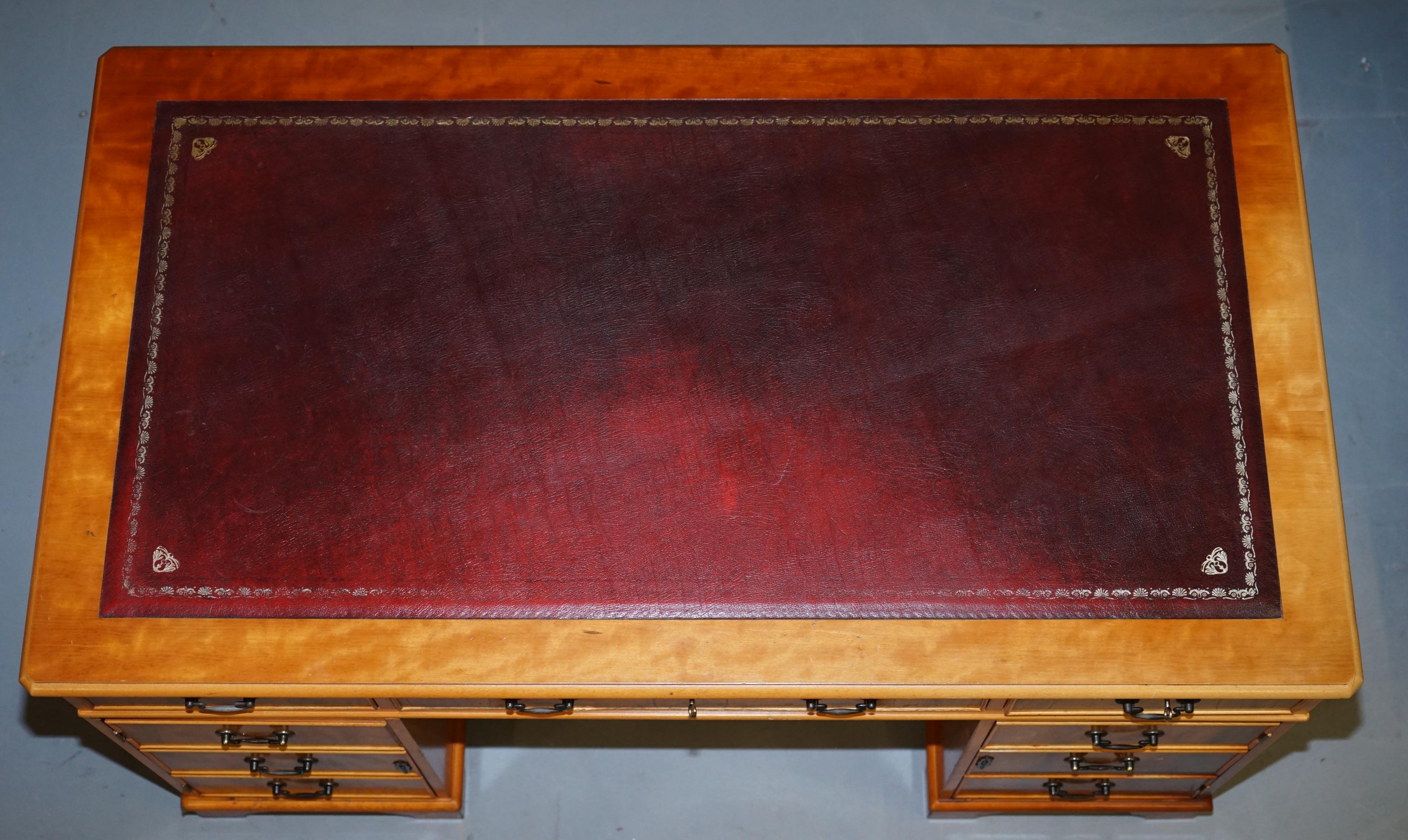 Vintage Burr Satinwood Kneehole Partner Desk Oxblood Leather Top Panelled Back For Sale 1