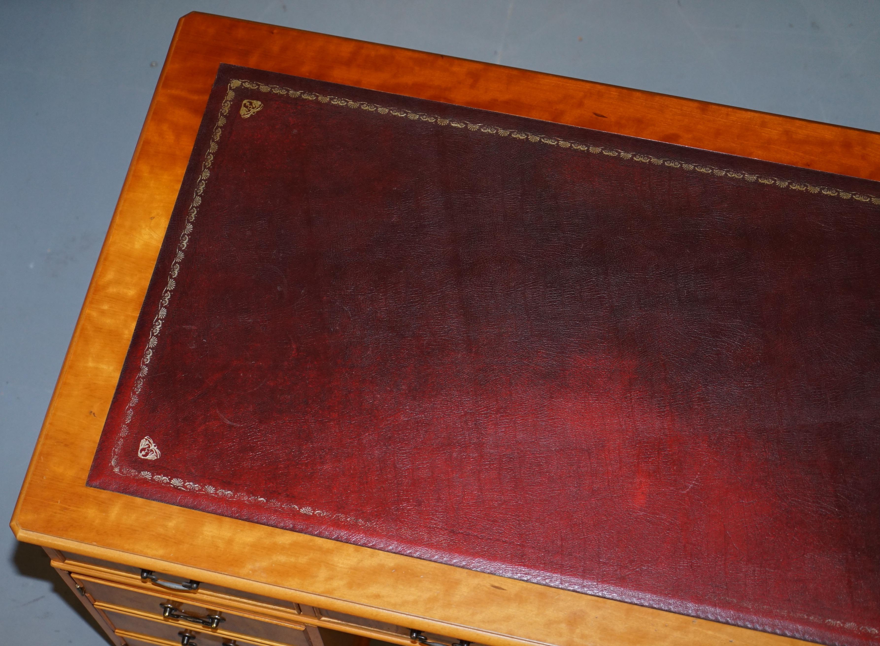 Vintage Burr Satinwood Kneehole Partner Desk Oxblood Leather Top Panelled Back For Sale 2