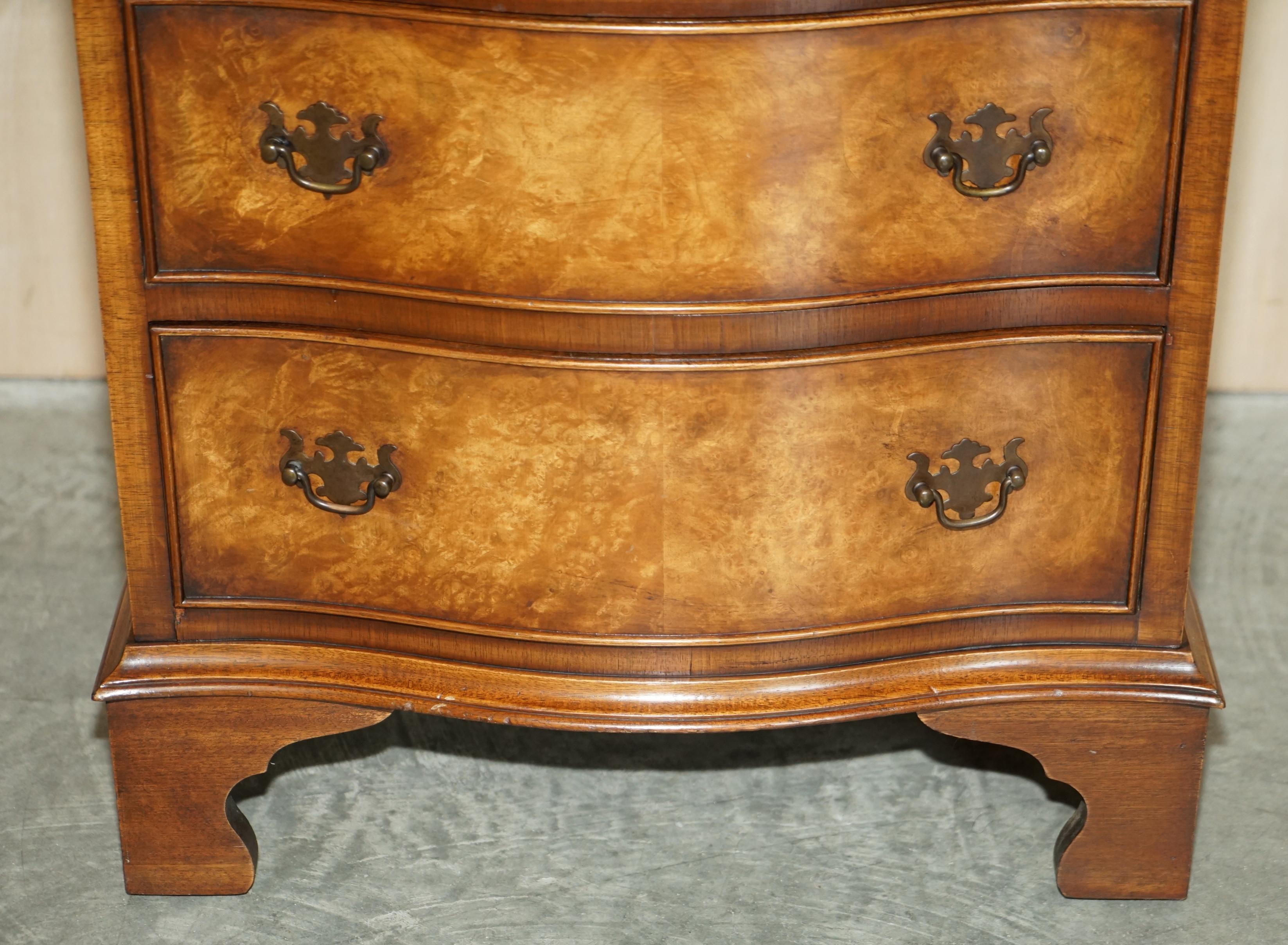 Hand-Crafted Vintage Burr Walnut Bevan Funnell Serpentine Fronted Side Table Chest of Drawers For Sale