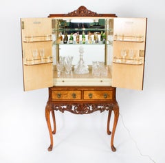 Vintage Burr Walnut Cocktail Cabinet Drinks Dry Bar & Glassware 20th Century