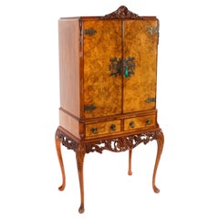 Vintage Burr Walnut Cocktail Cabinet Drinks Dry Bar & Glassware 20th Century