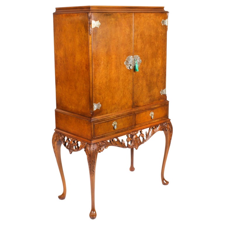Vintage Burr Walnut Cocktail Cabinet Drinks Dry Bar and Glassware Mid 20th  C For Sale at 1stDibs