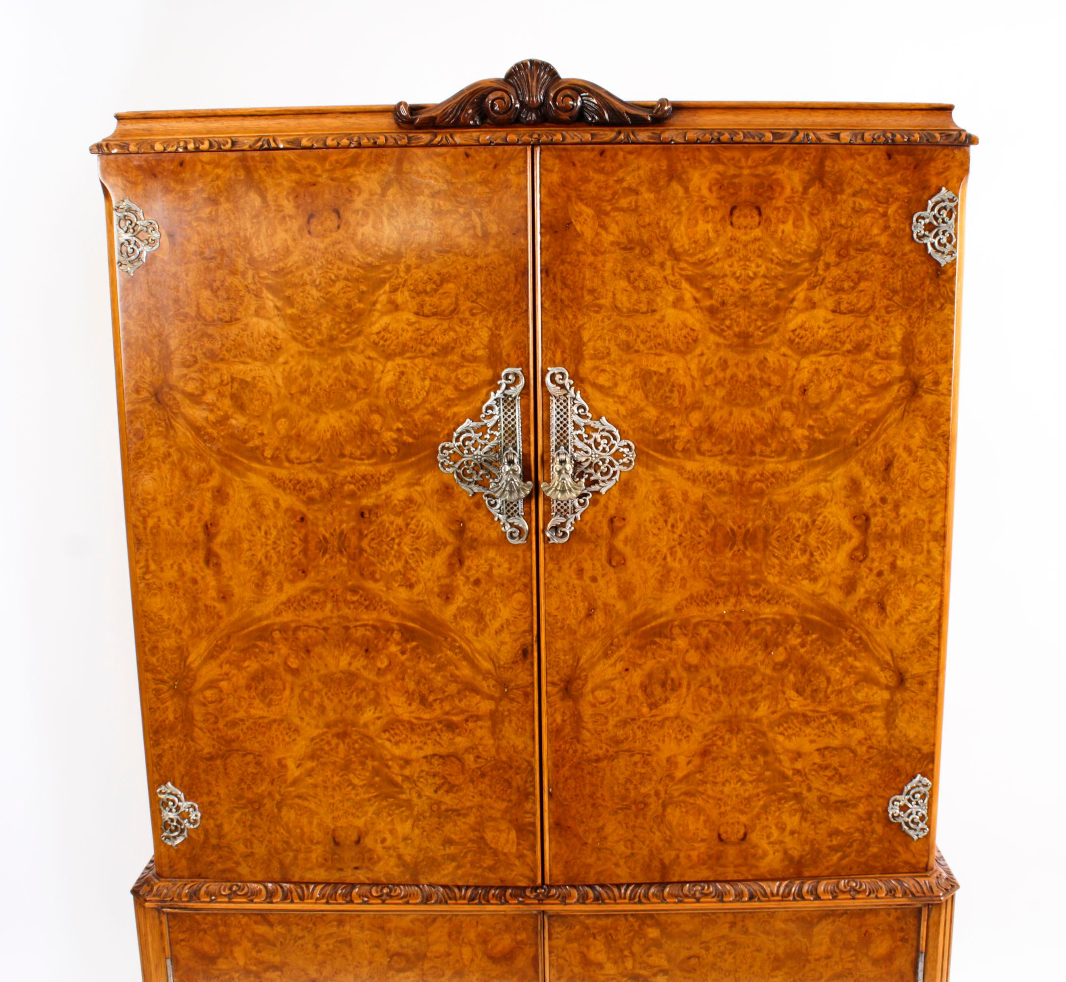 Vintage Burr Walnut Cocktail Cabinet Drinks Dry Bar, Mid-20th Century In Good Condition In London, GB