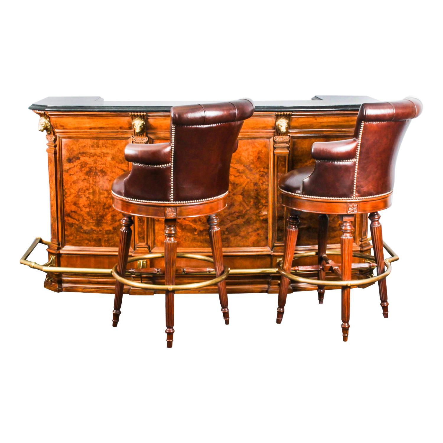 Vintage Burr Walnut Cocktail Drinks Bar Dry Bar Cabinet 
Pair Stools 20th C