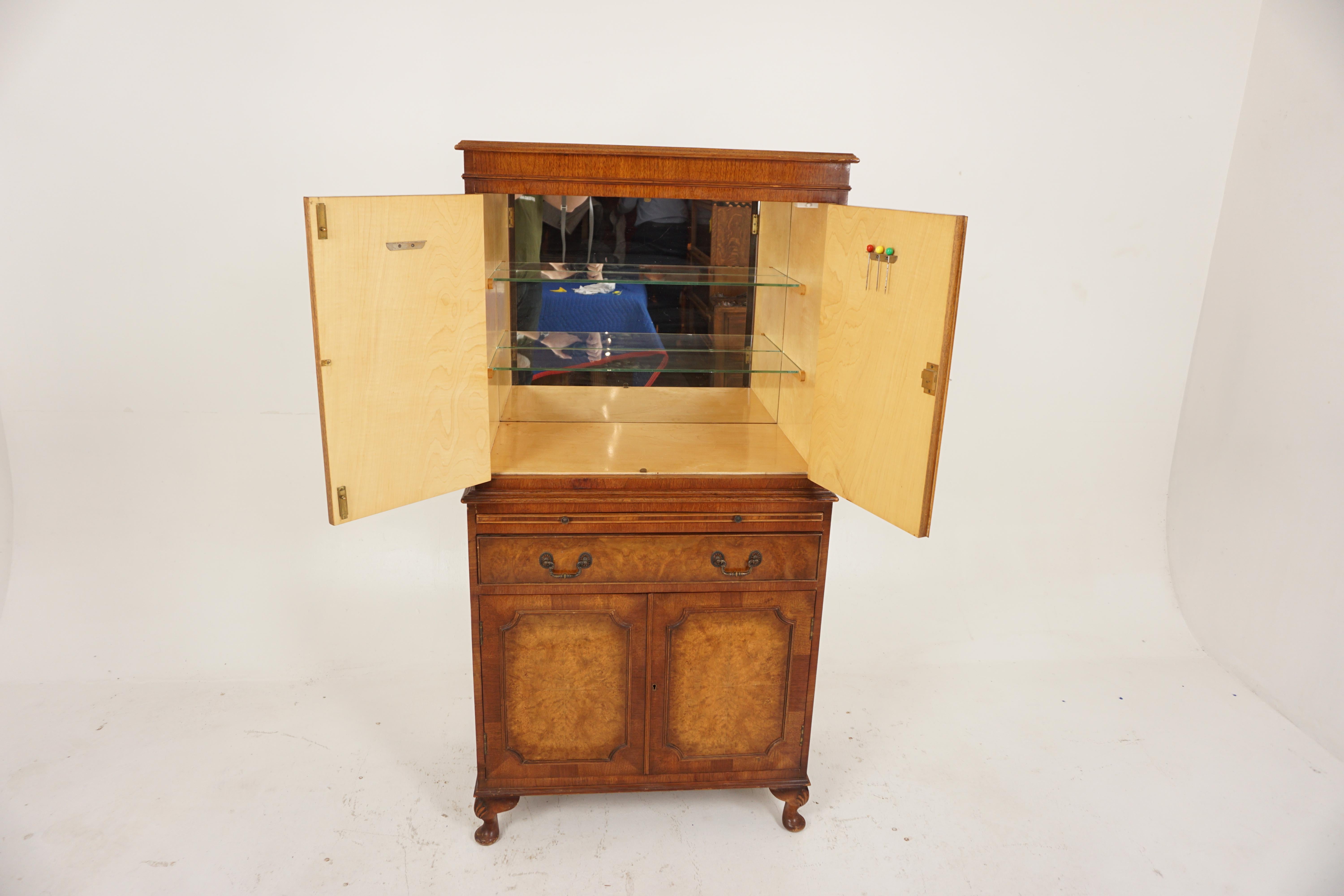 Vintage Burr Walnut Cocktail Drinks Cabinet, Scotland 1930, H396 In Good Condition For Sale In Vancouver, BC