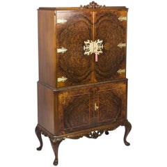 Vintage Burr Walnut Cocktail Drinks Dry Bar Cabinet, Mid-20th Century