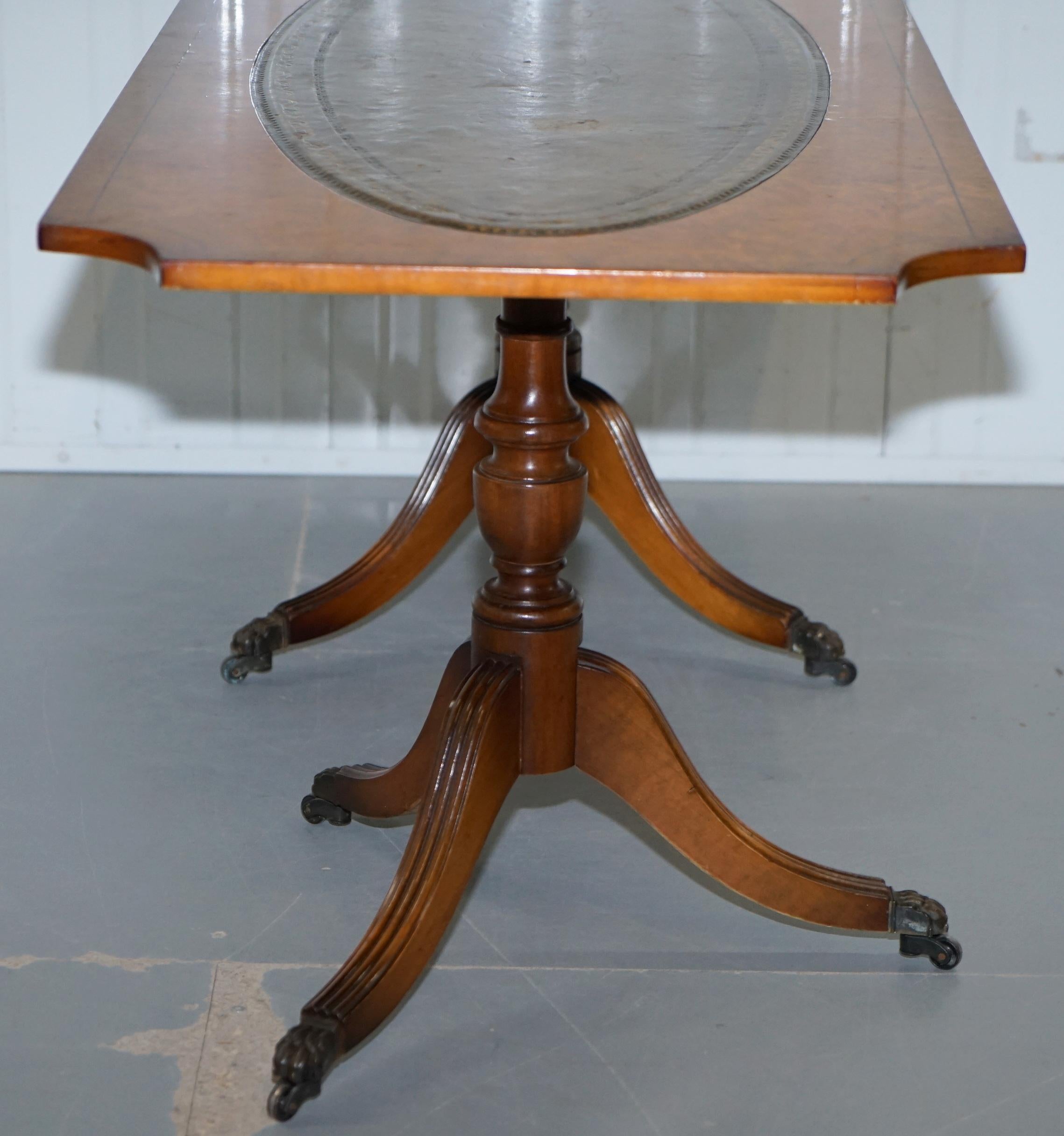 Vintage Burr Walnut Coffee Table with Green Distressed Leather Top Lovely Patina 8