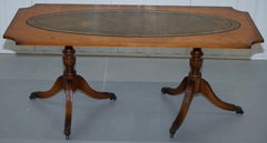 Vintage Burr Walnut Coffee Table with Green Distressed Leather Top Lovely Patina