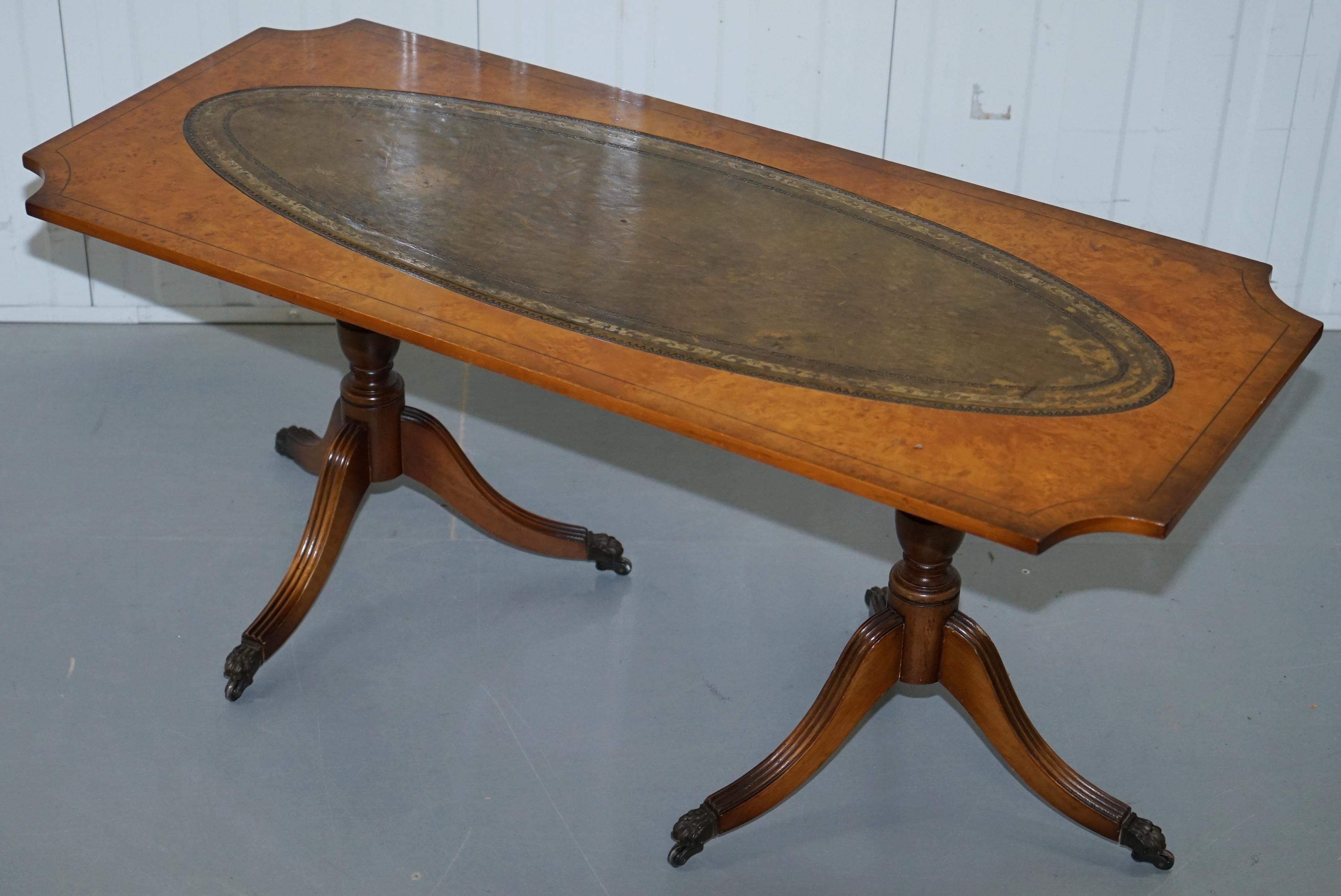 English Vintage Burr Walnut Coffee Table with Green Distressed Leather Top Lovely Patina