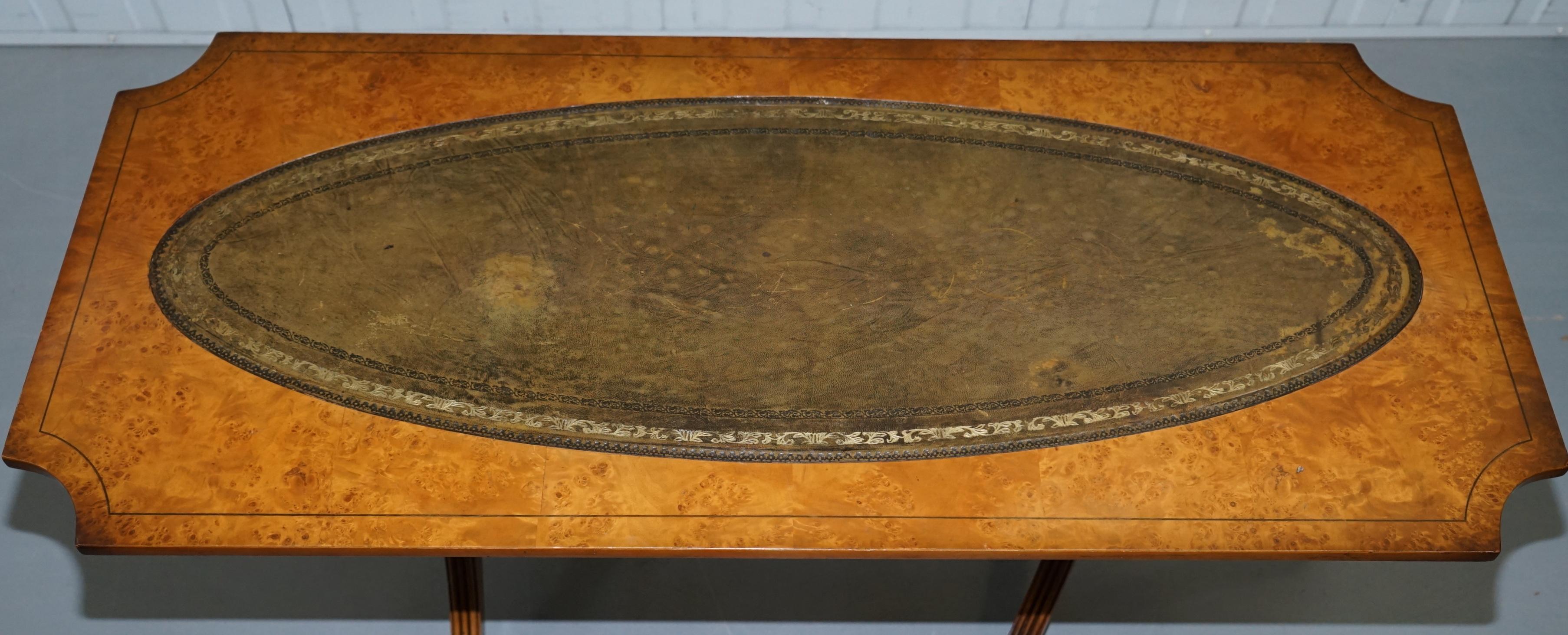 Hand-Carved Vintage Burr Walnut Coffee Table with Green Distressed Leather Top Lovely Patina