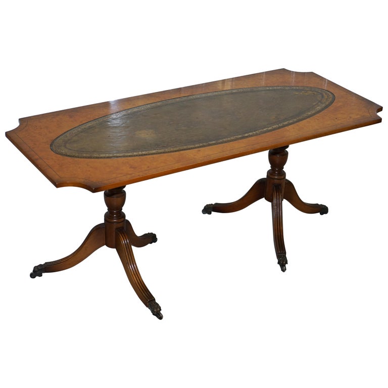 Vintage Burr Walnut Coffee Table with Green Distressed Leather Top