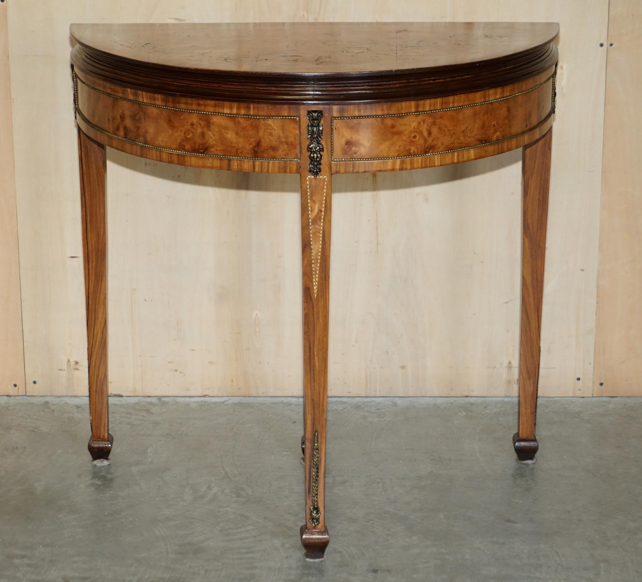Edwardian Vintage Burr Walnut Console Games Demi Lune Card Table Unfolds Lovely Timber For Sale