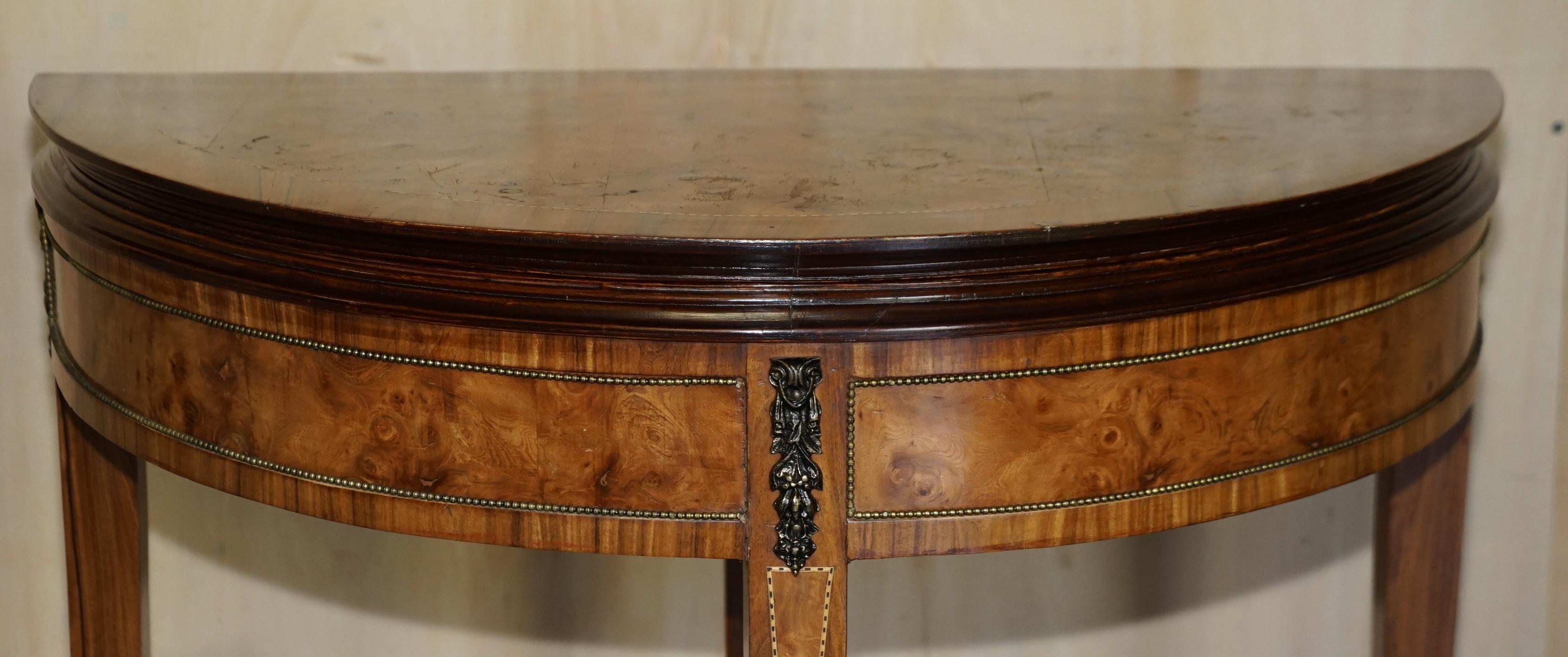 English Vintage Burr Walnut Console Games Demi Lune Card Table Unfolds Lovely Timber For Sale