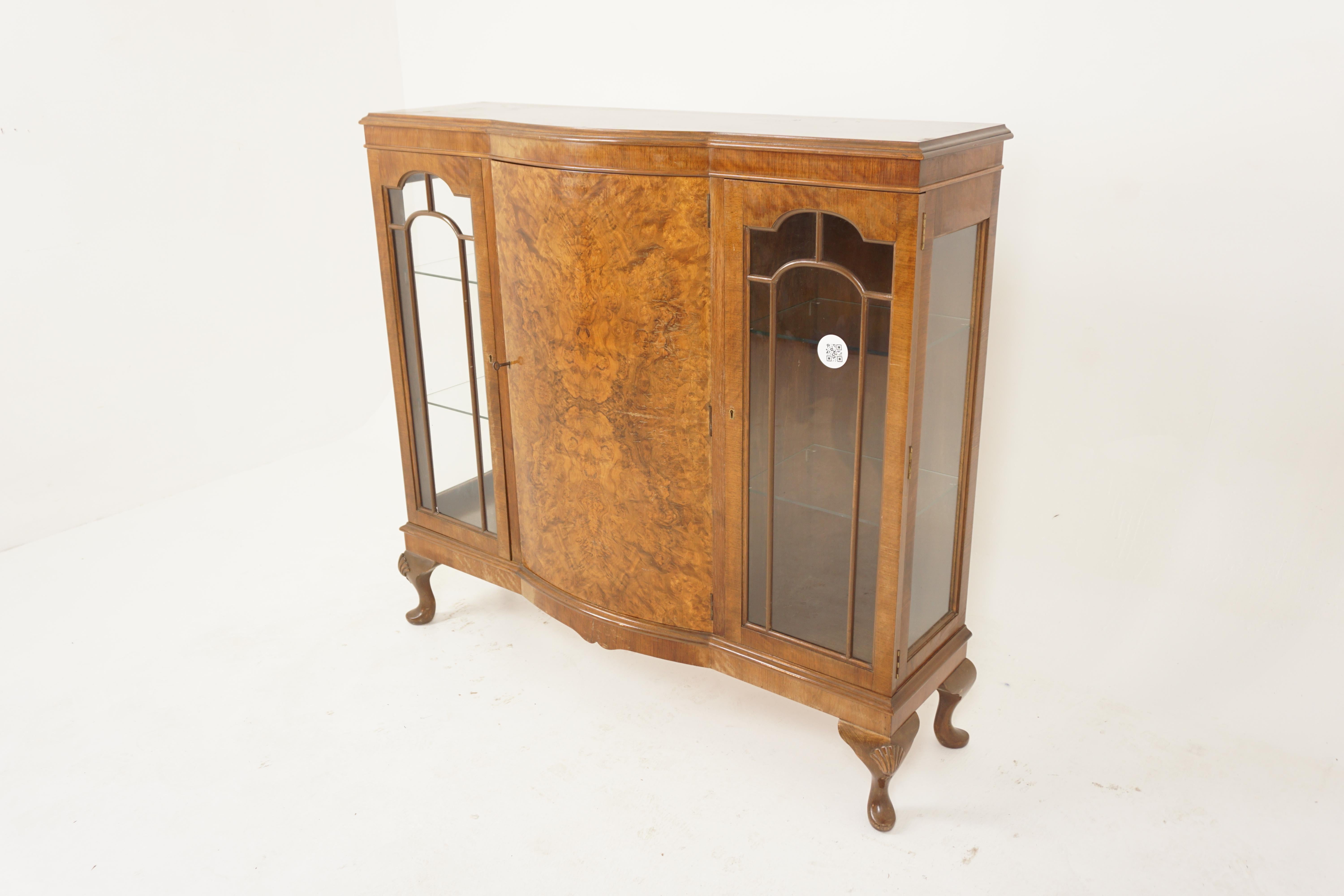 Vintage Burr walnut display cabinet, China Cabinet, Scotland 1930, H798

Scotland 1930
Solid Walnut + veneers
Original Finish
Rectangular top with bow front
Central burr walnut veneer door below
Opens to reveal two solid fixed