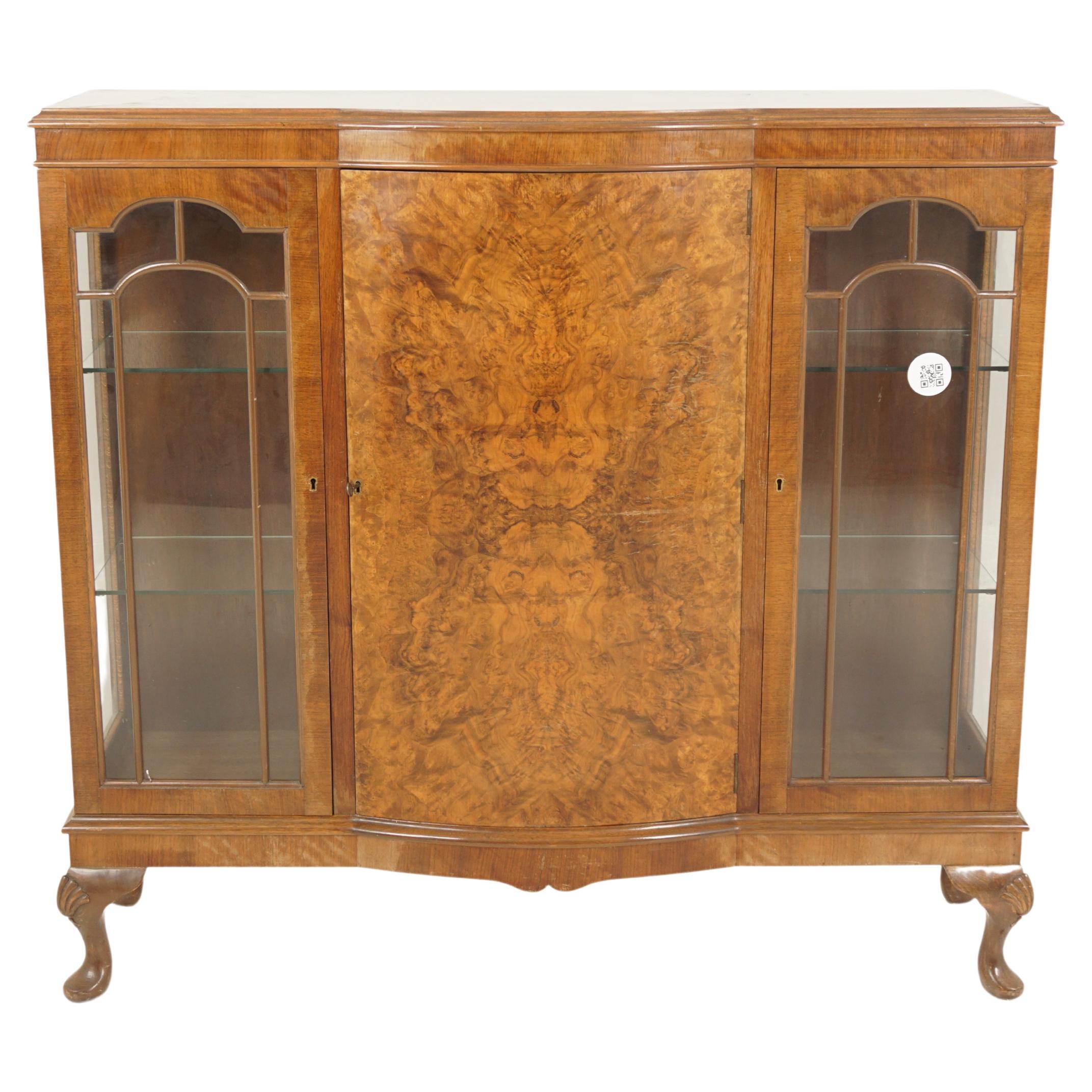 Vintage Burr Walnut Display Cabinet, China Cabinet, Scotland 1930, H798