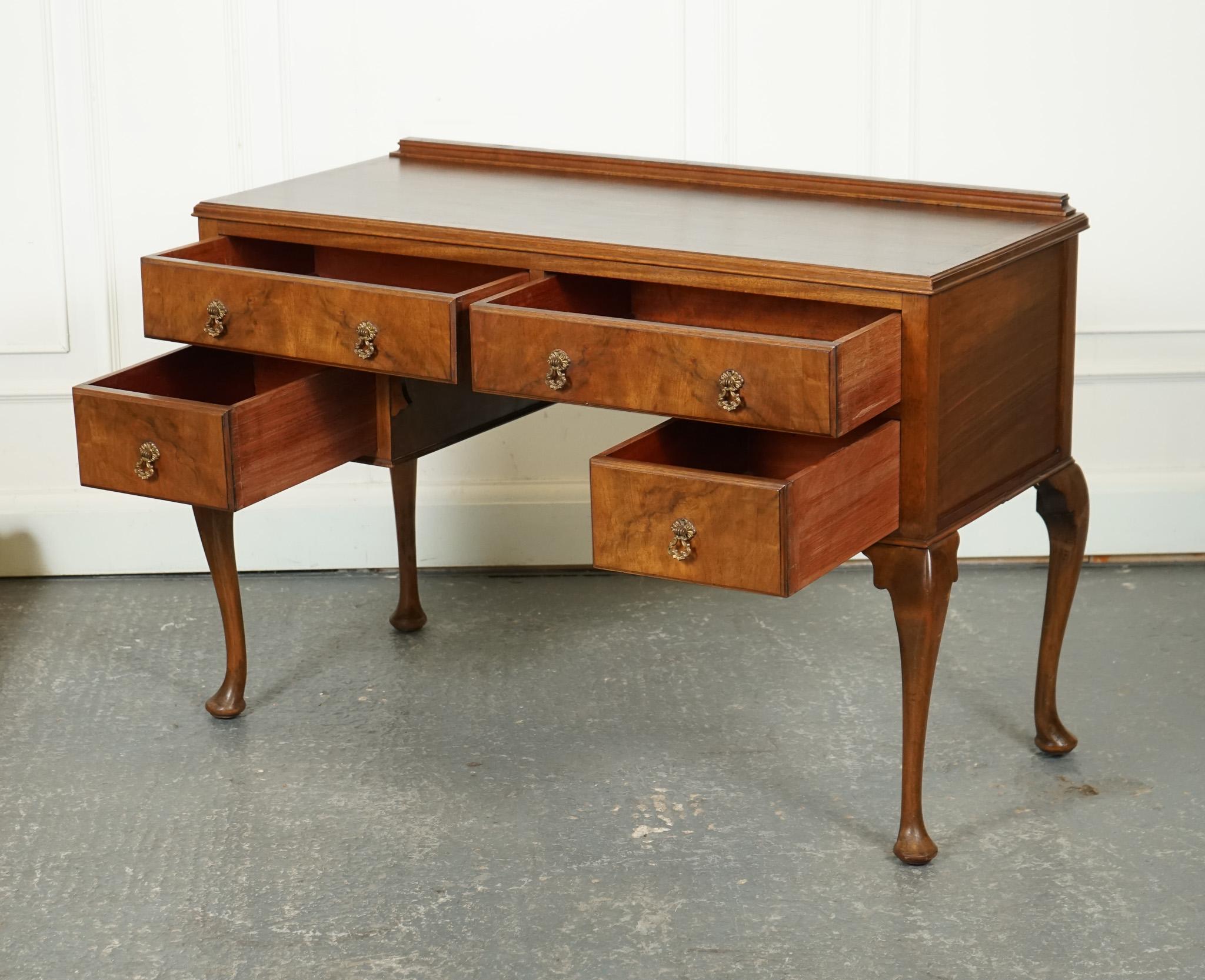 British VINTAGE BURR WALNUT DRESSING TABLE DESK RAiSED ON QUEEN ANNE LEGS J1