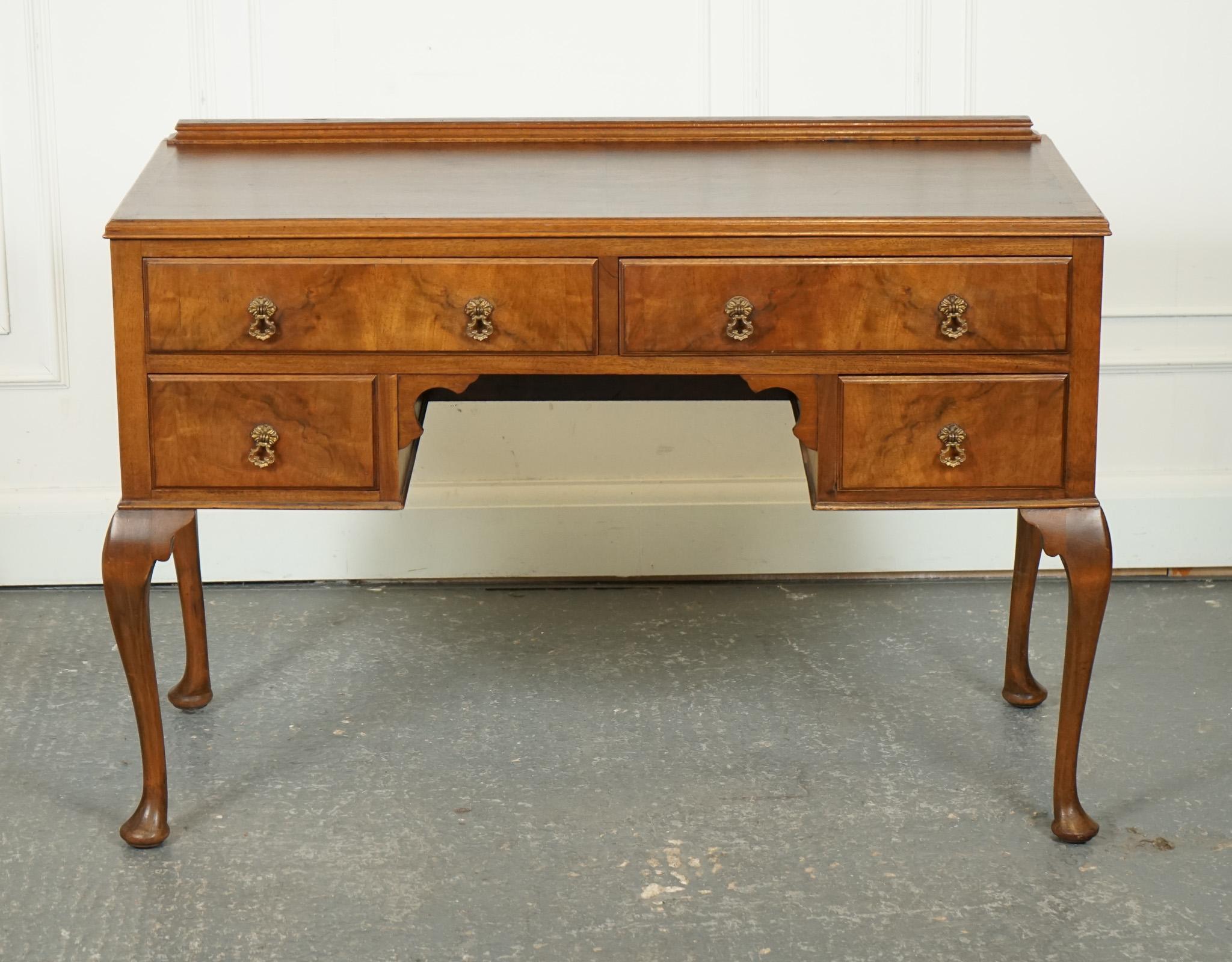 Hand-Crafted VINTAGE BURR WALNUT DRESSING TABLE DESK RAiSED ON QUEEN ANNE LEGS J1 For Sale