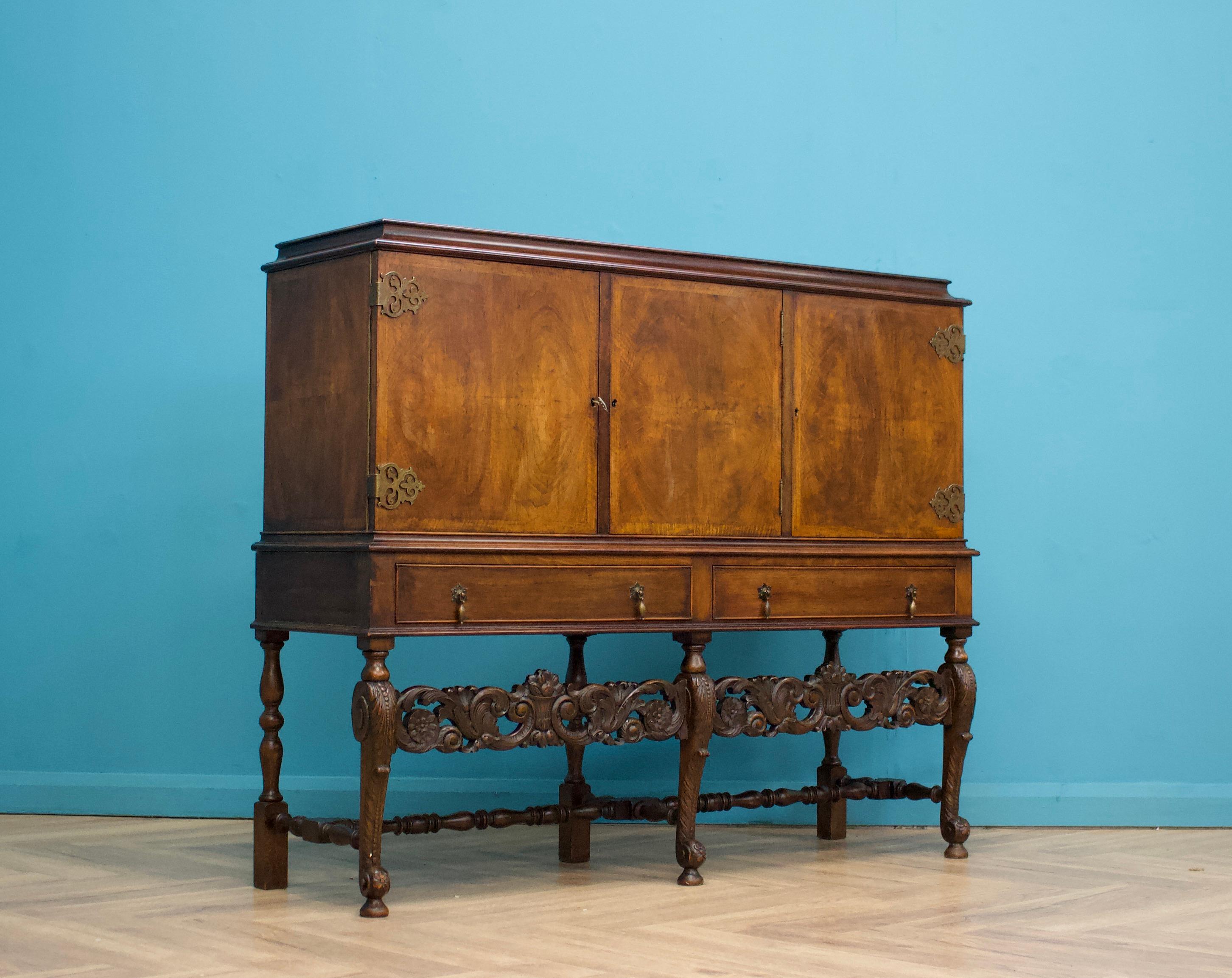 British Vintage Burr Walnut Drinks Cabinet, 1920s