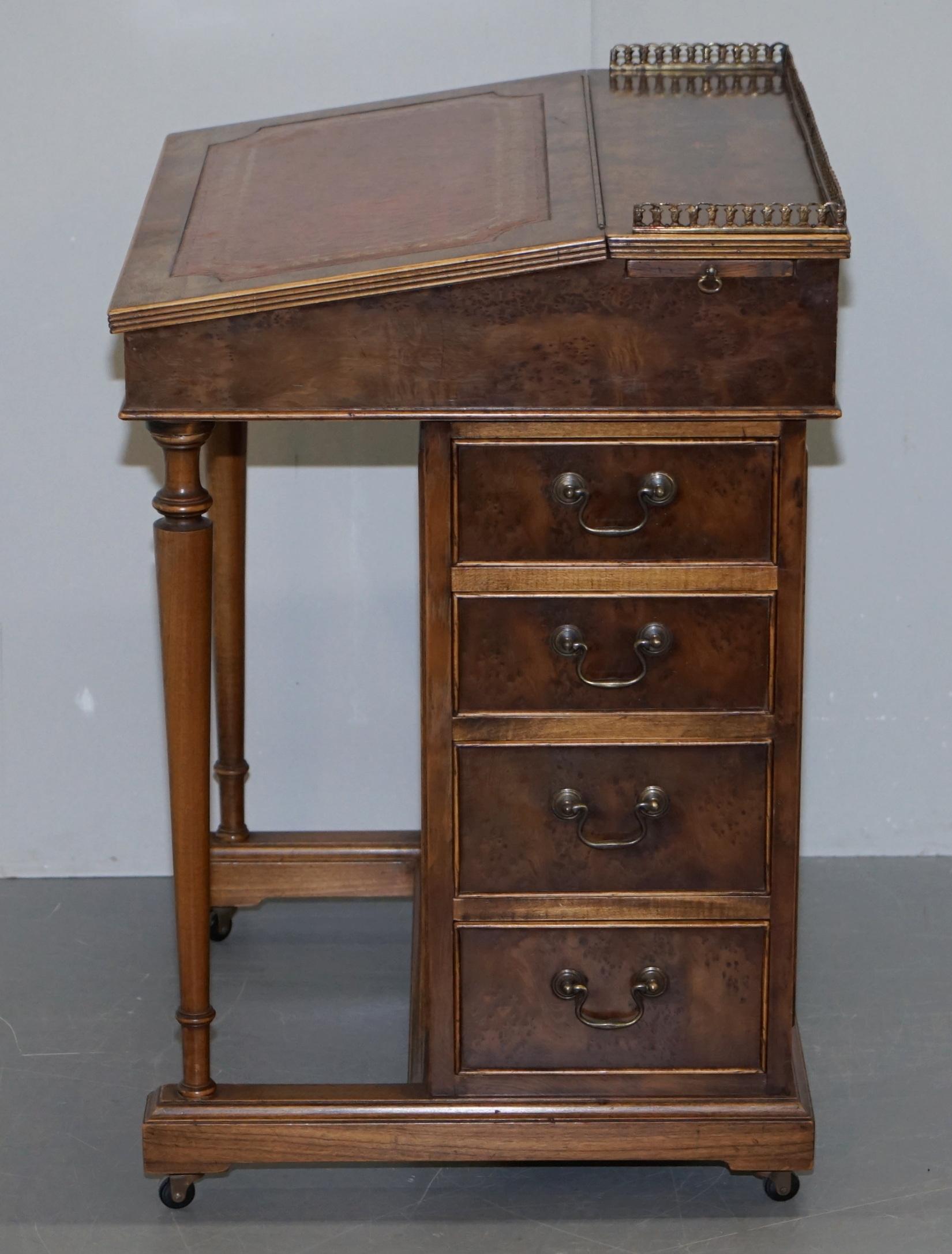 Vintage Burr Walnut, Leather and Brass Gallery Rail Davenport Desk Workstation For Sale 1