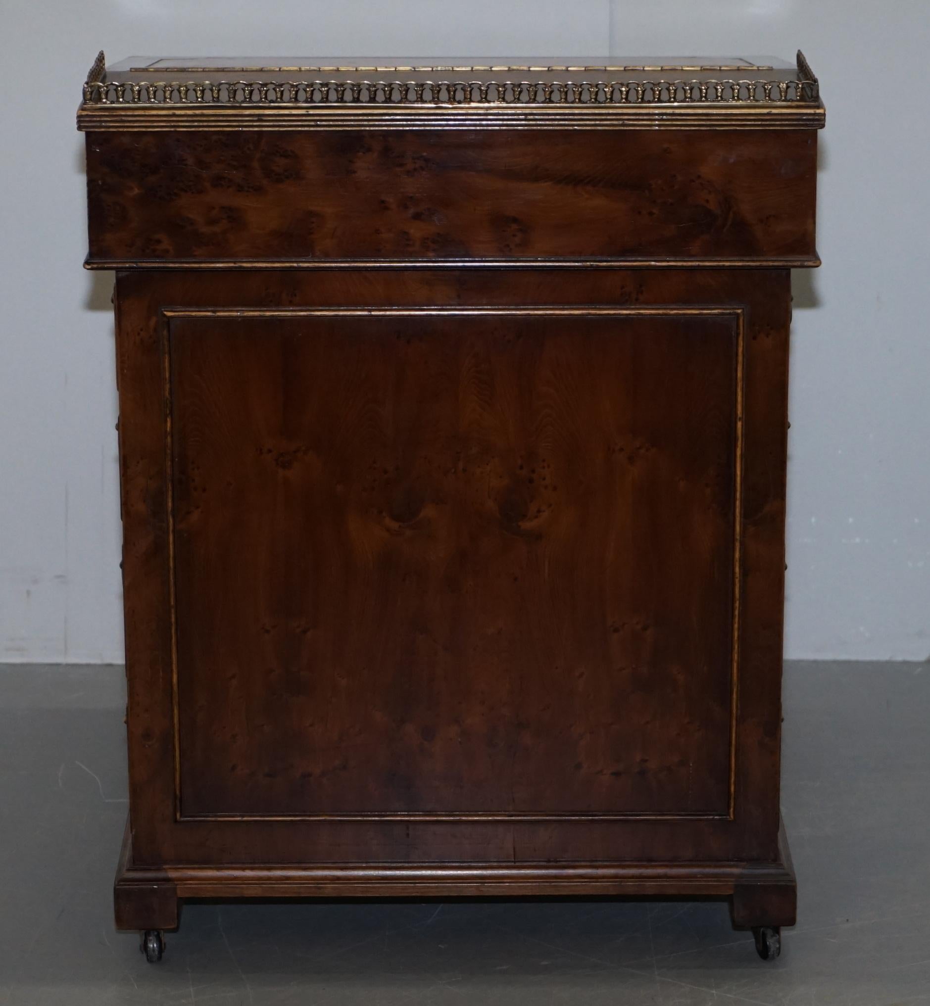 Vintage Burr Walnut, Leather and Brass Gallery Rail Davenport Desk Workstation For Sale 4