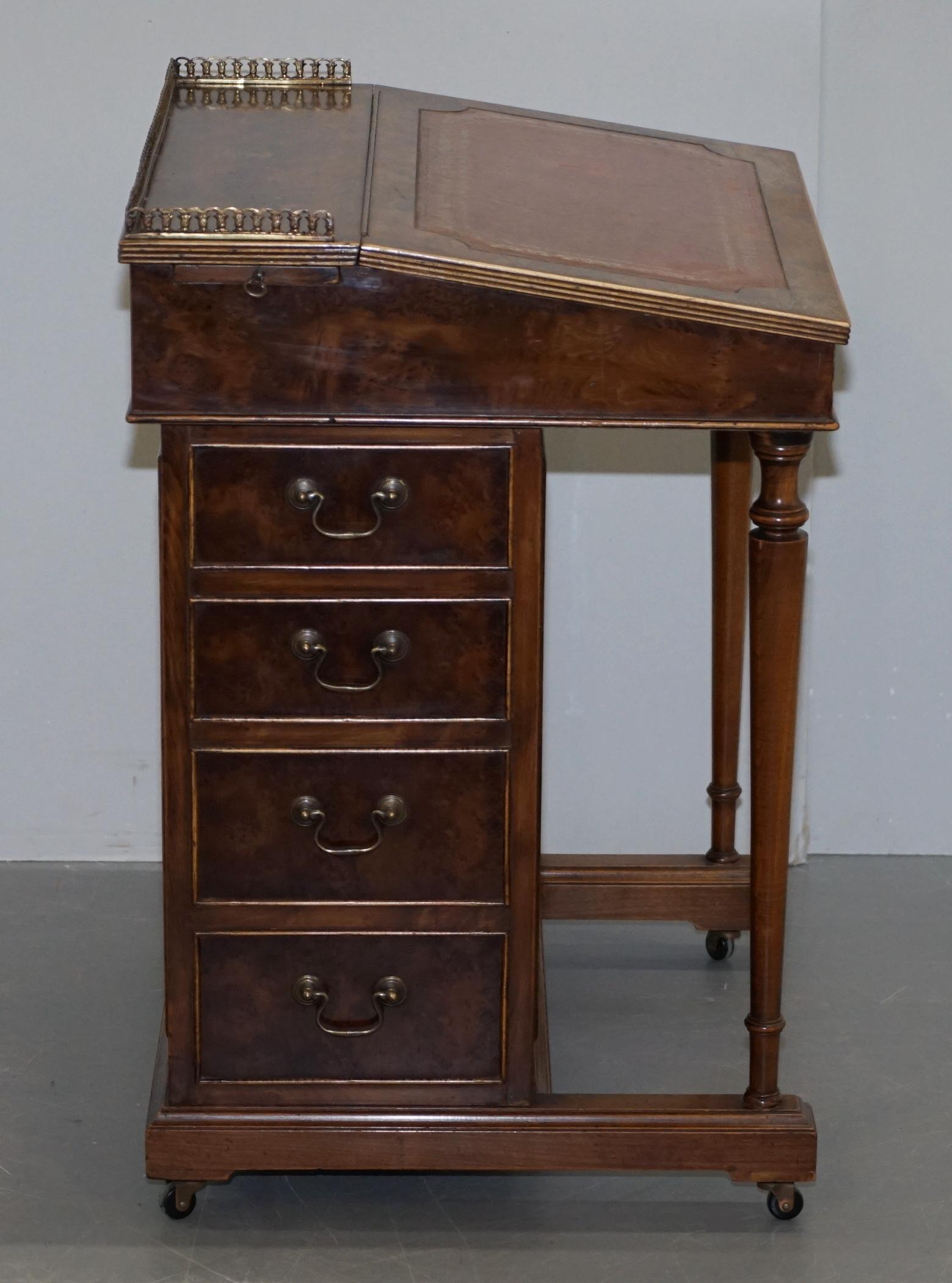 Vintage Burr Walnut, Leather and Brass Gallery Rail Davenport Desk Workstation For Sale 5