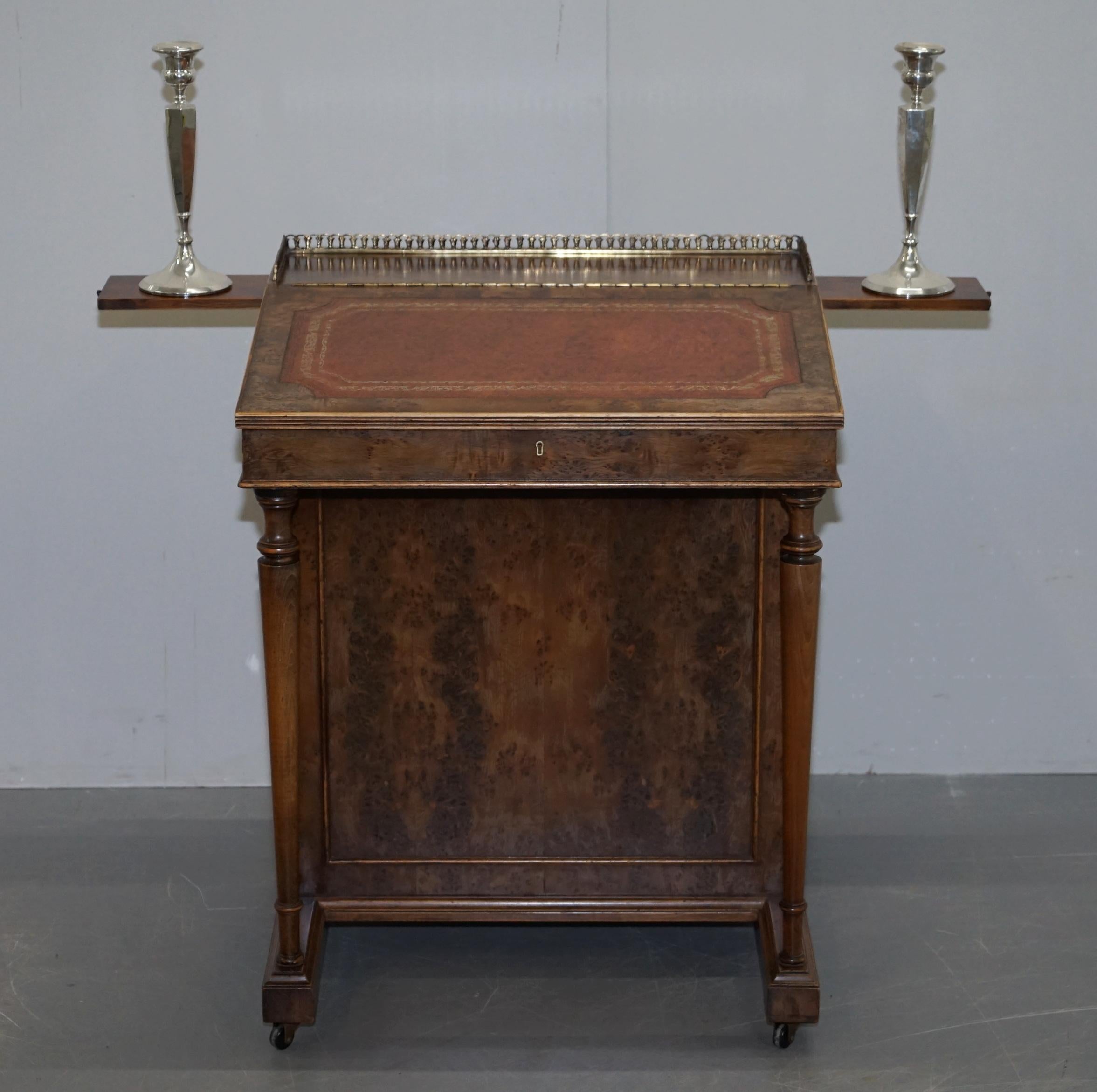 Vintage Burr Walnut, Leather and Brass Gallery Rail Davenport Desk Workstation For Sale 7