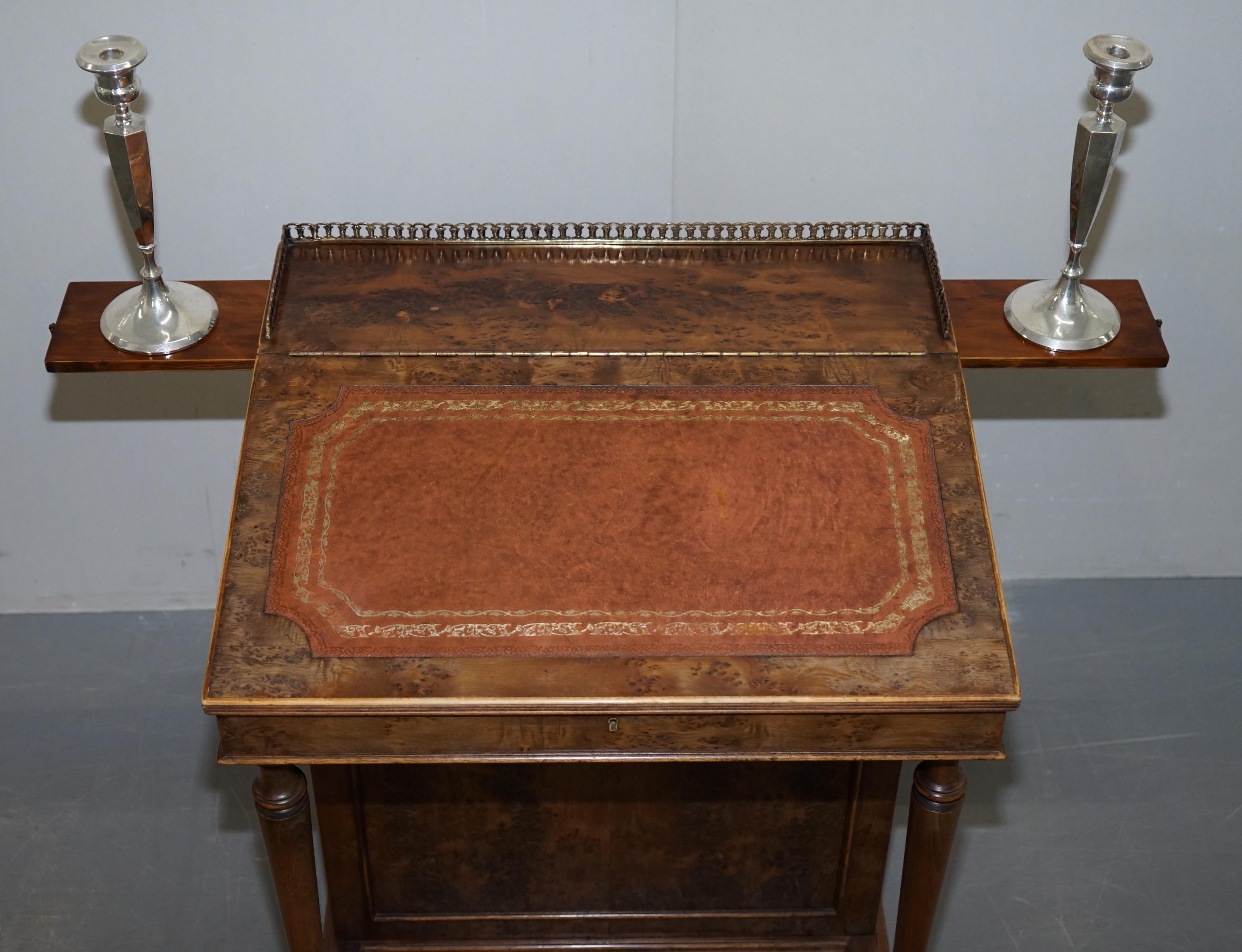 Vintage Burr Walnut, Leather and Brass Gallery Rail Davenport Desk Workstation For Sale 8