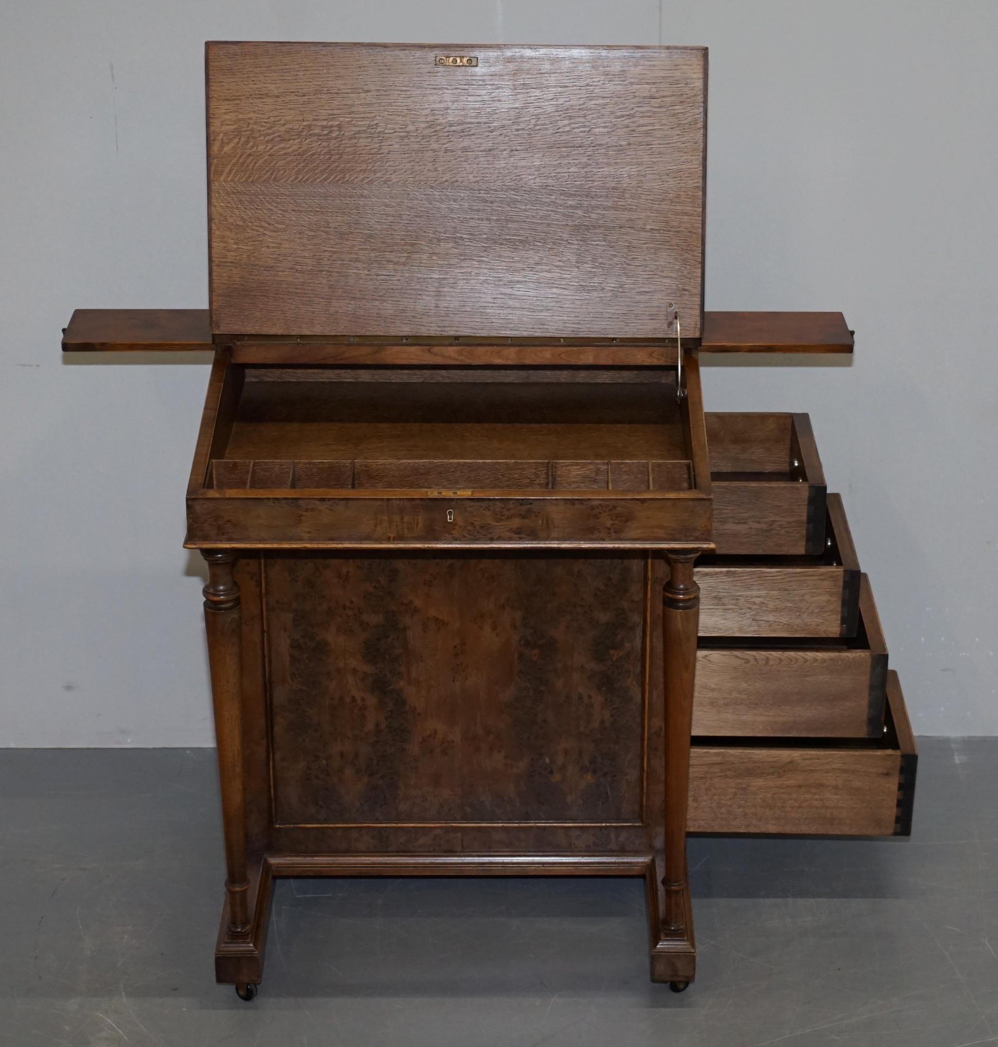 Vintage Burr Walnut, Leather and Brass Gallery Rail Davenport Desk Workstation For Sale 10