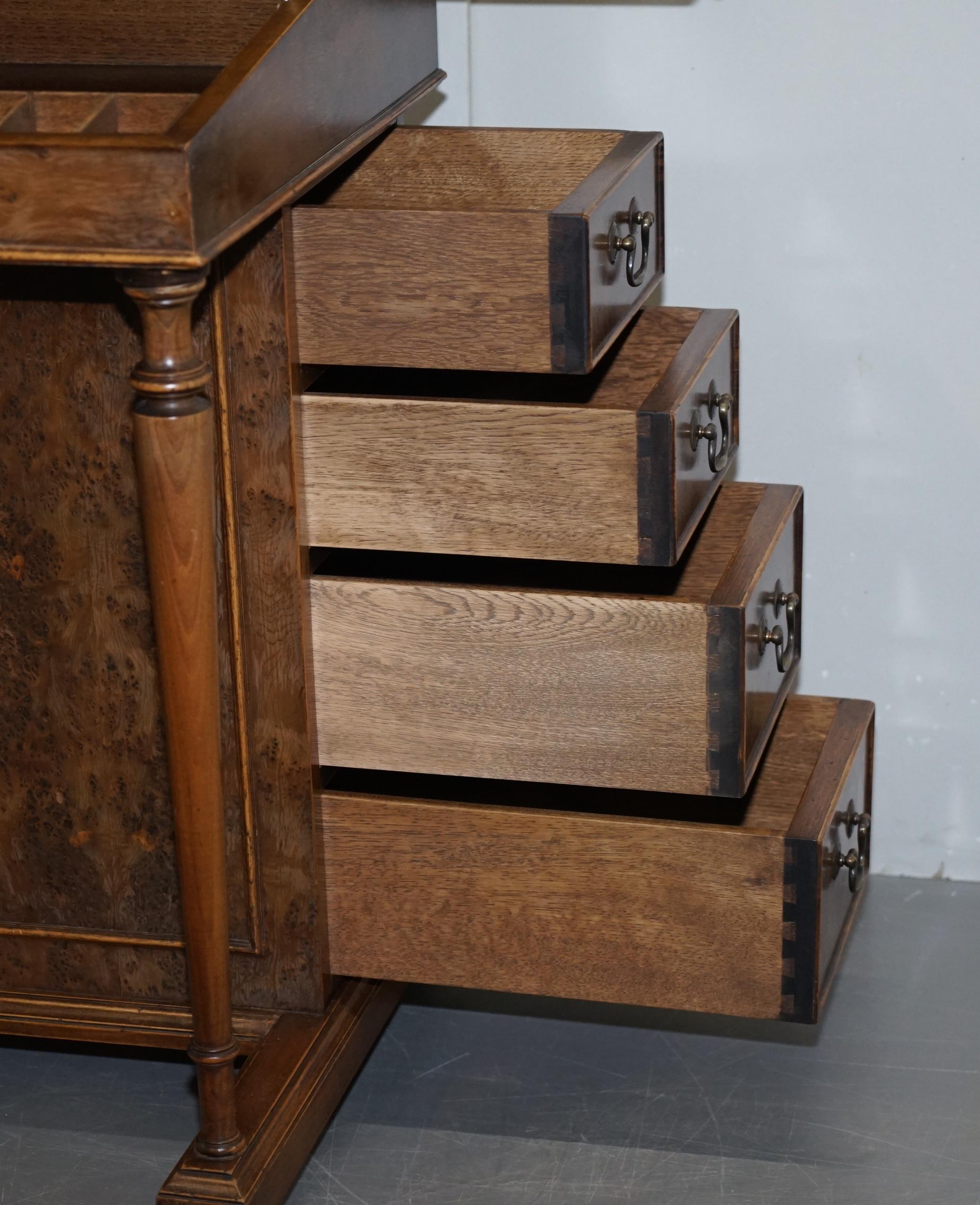 Vintage Burr Walnut, Leather and Brass Gallery Rail Davenport Desk Workstation For Sale 11