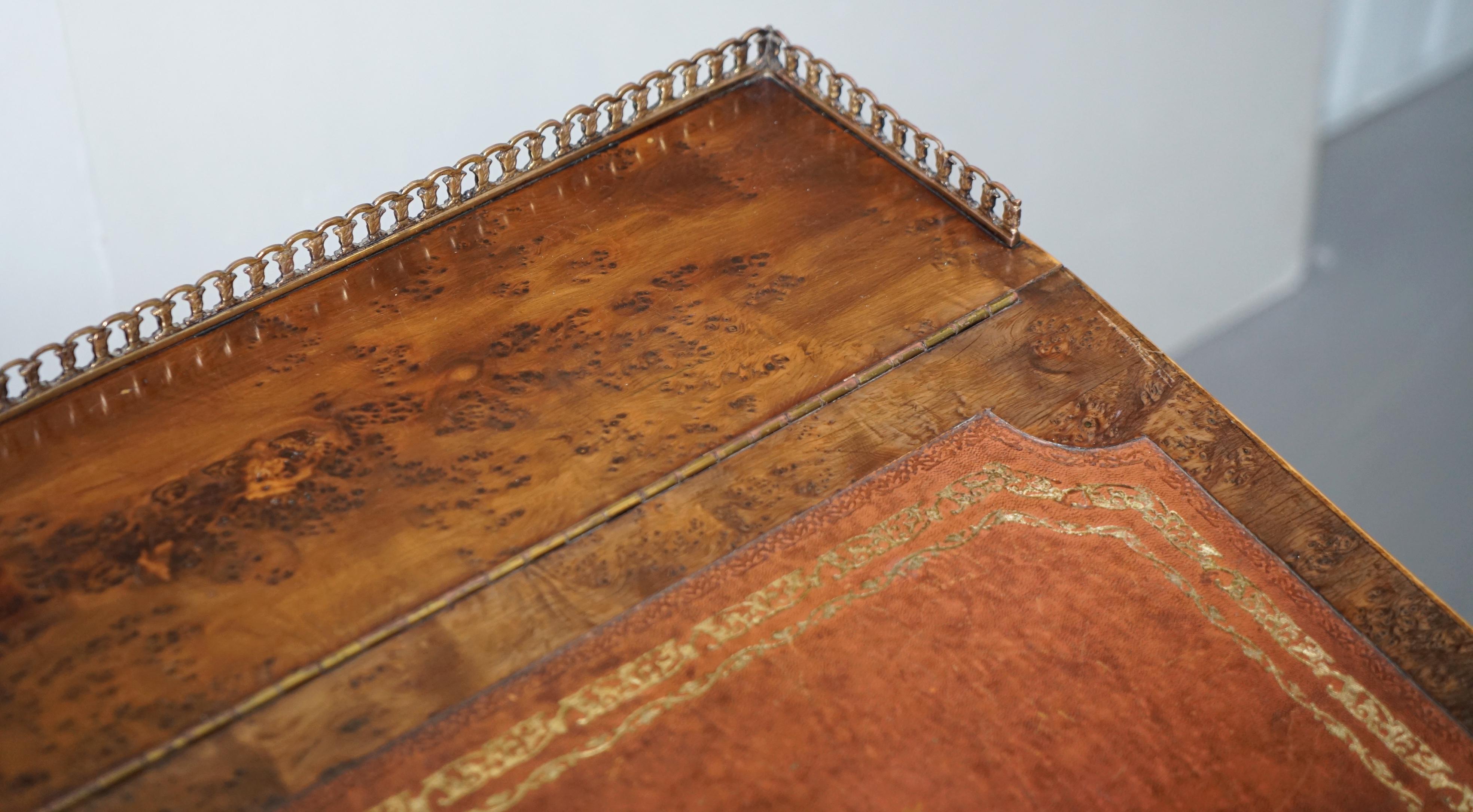 English Vintage Burr Walnut, Leather and Brass Gallery Rail Davenport Desk Workstation For Sale