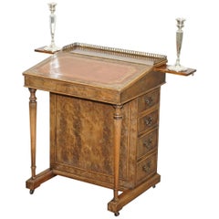 Used Burr Walnut, Leather and Brass Gallery Rail Davenport Desk Workstation