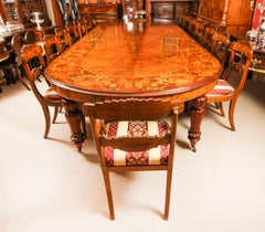 Vintage Burr Walnut Marquetry Dining Table & 16 Chairs