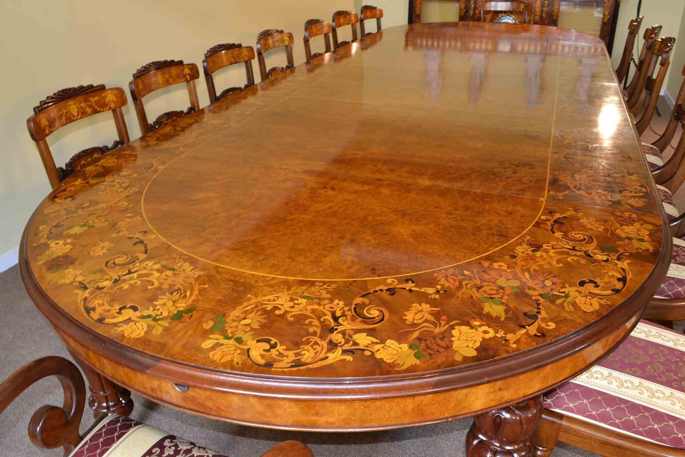 Vintage Burr Walnut Marquetry Dining Table & 18 Chairs 3