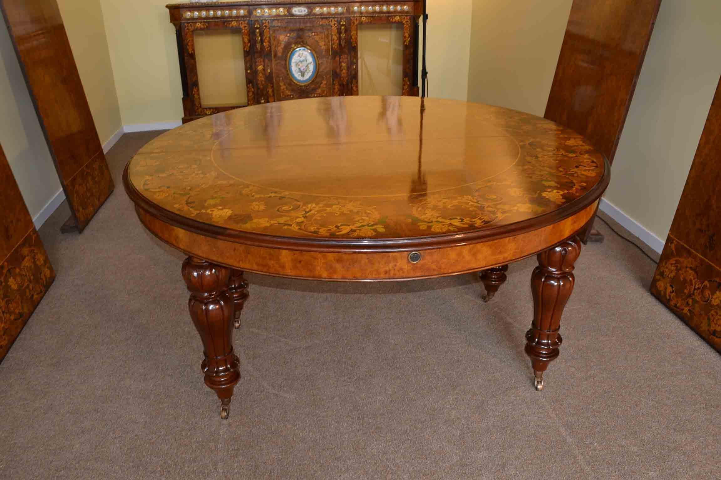 Vintage Burr Walnut Marquetry Dining Table & 18 Chairs 9