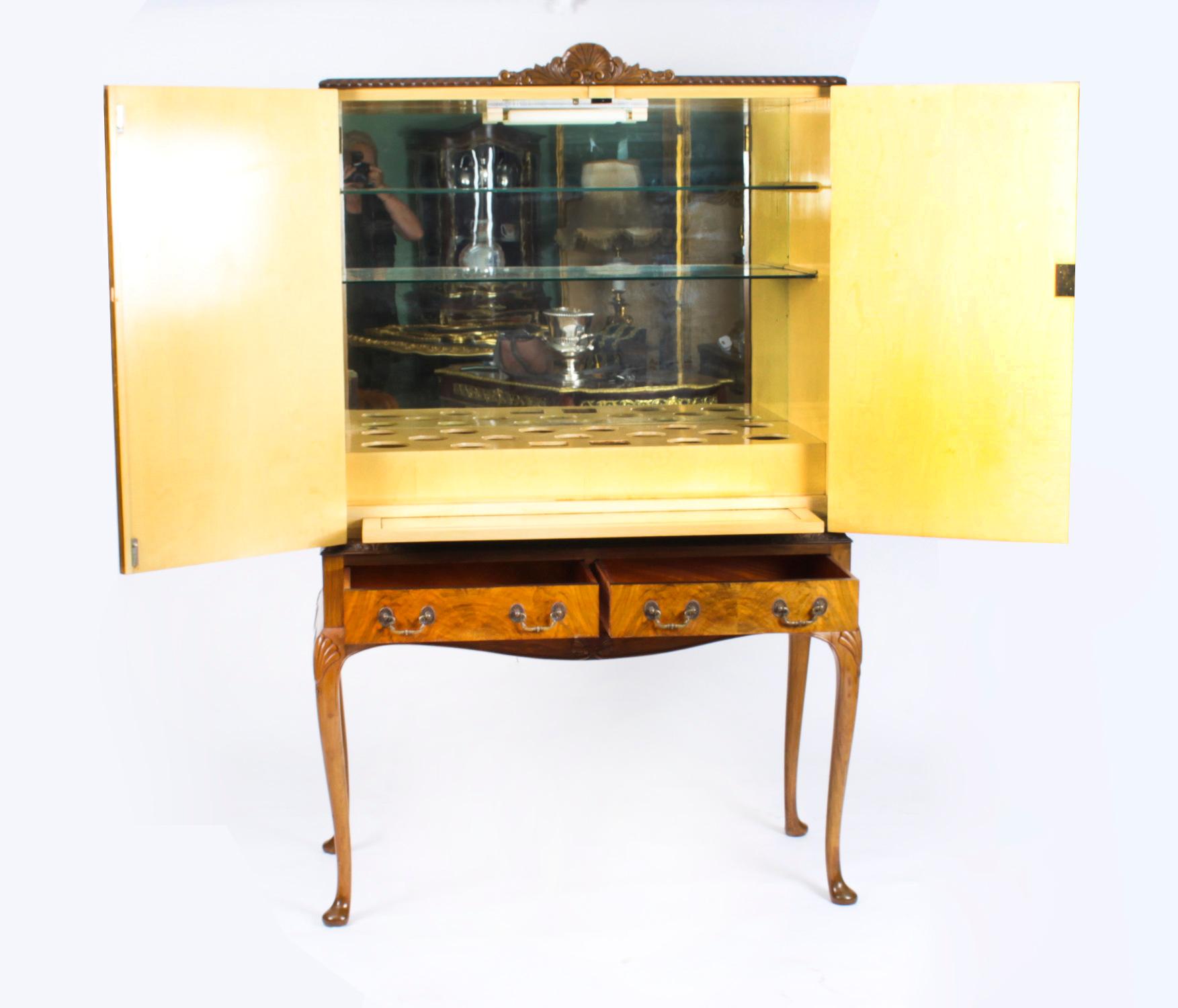 Vintage Burr Walnut Queen Anne Cocktail Cabinet Drinks Dry Bar Early 20th C For Sale 5