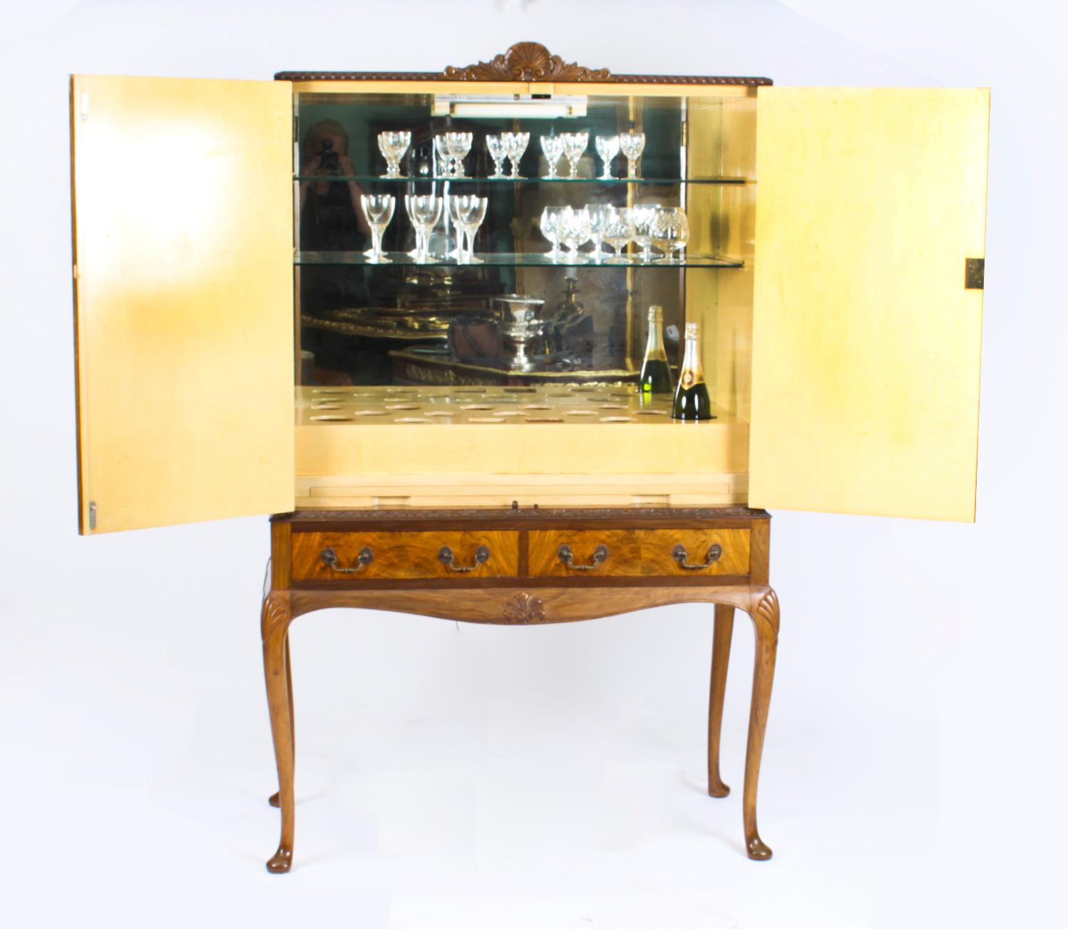 Vintage Burr Walnut Queen Anne Cocktail Cabinet Drinks Dry Bar Early 20th C For Sale 6