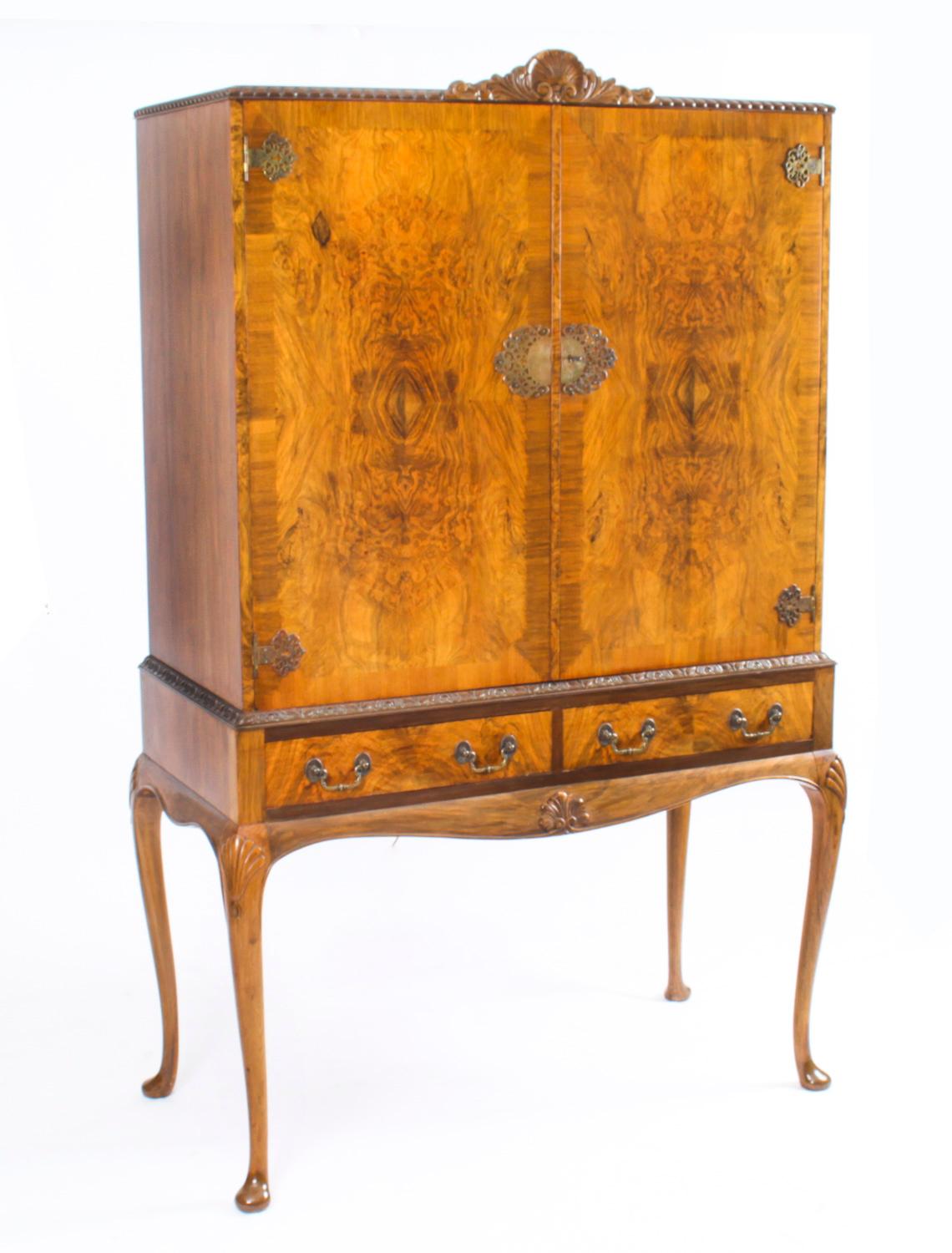 Vintage Burr Walnut Queen Anne Cocktail Cabinet Drinks Dry Bar Early 20th C For Sale 13