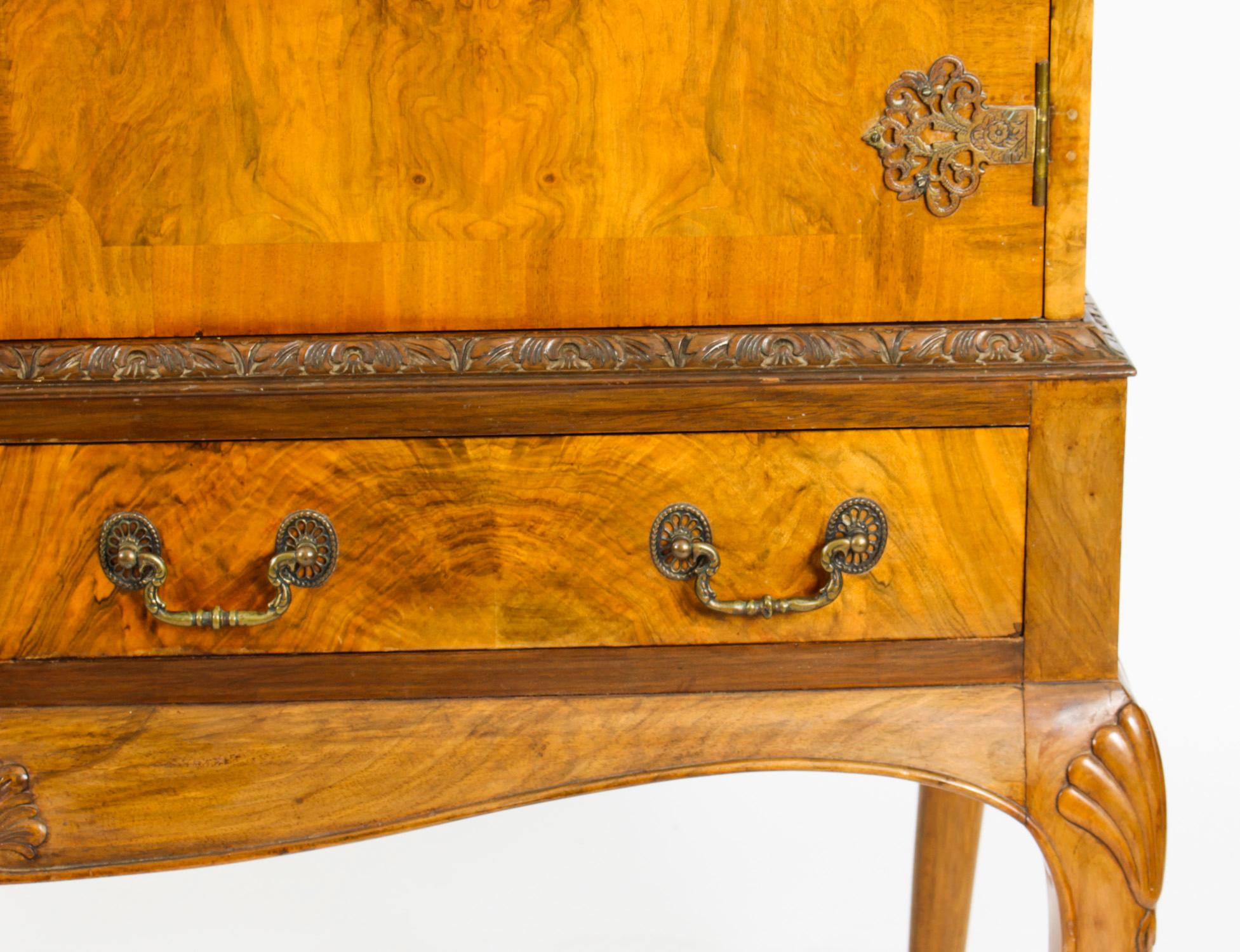 Vintage Burr Walnut Queen Anne Cocktail Cabinet Drinks Dry Bar Early 20th C For Sale 1